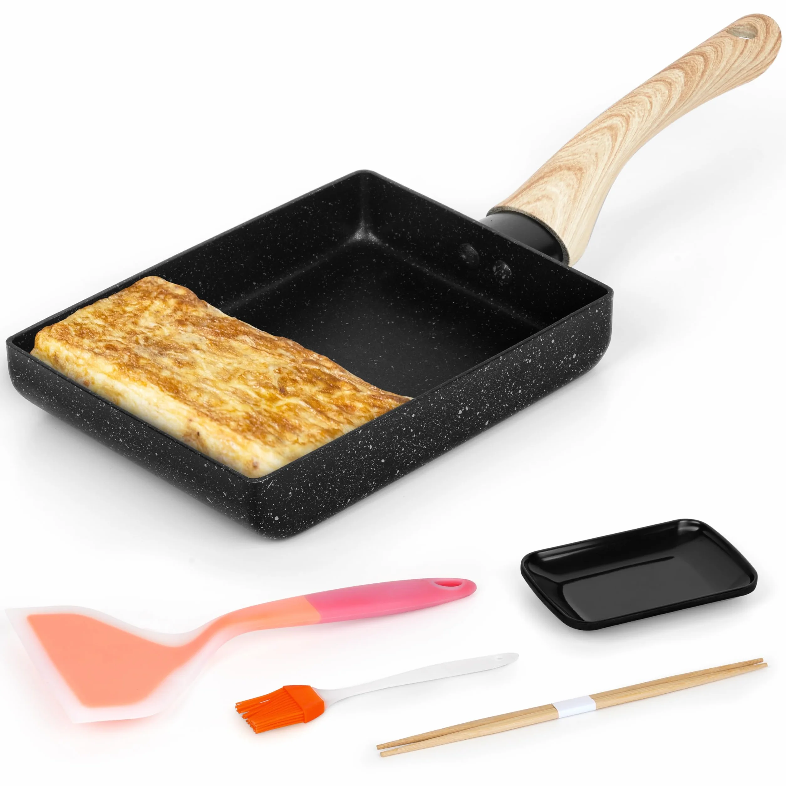 Winter Shore Juego de Sartén Tortilla Japonesa - Sarten Antiadherente Rectangular para Tamagoyaki con Mango de Madera - Incluye Plato, Cepillo para Aceite, Espátula, Palillos - Utensilios de Cocina