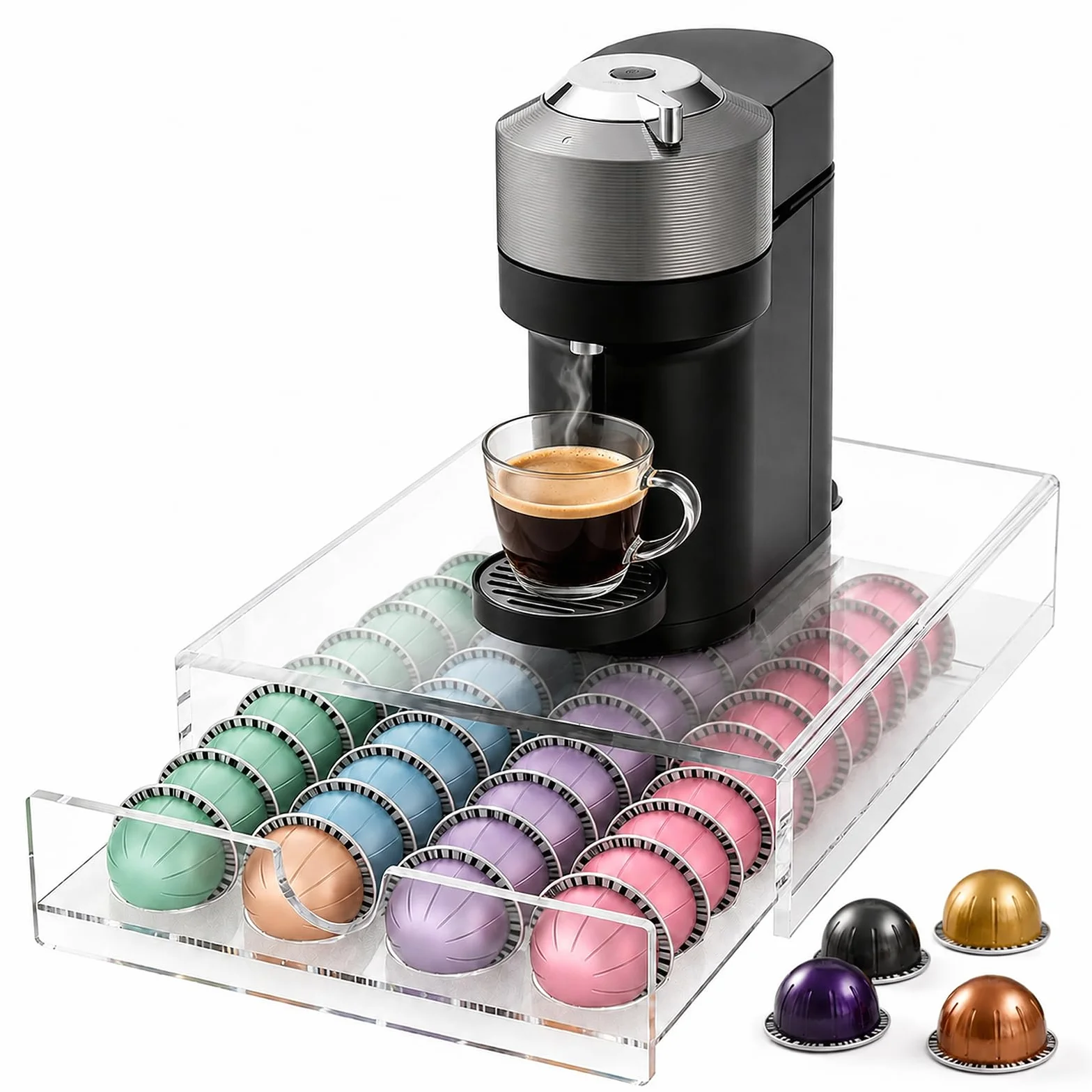 Soporte acrílico para cápsulas de café, 40 soportes transparentes para cápsulas Nespresso Vertuo, dispensador de cajones de cápsulas que ahorra espacio, soporte para máquina de café para