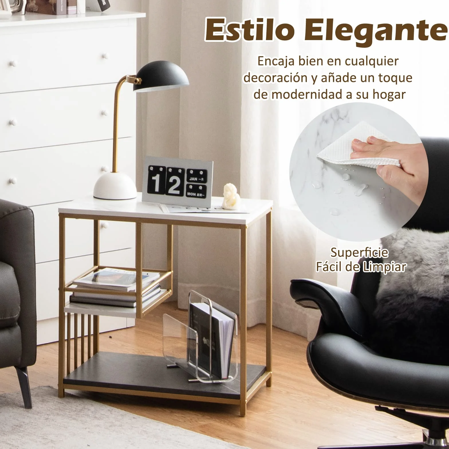 COSTWAY Mesa Auxiliar Blanca, Mesa con 3 Niveles y Estructura en Acero Pintada Dorada, Mesita Moderna para Salón Dormitorio, Fácil de Montar, Mármol y Oro 60 x 40 x 60,5 cm