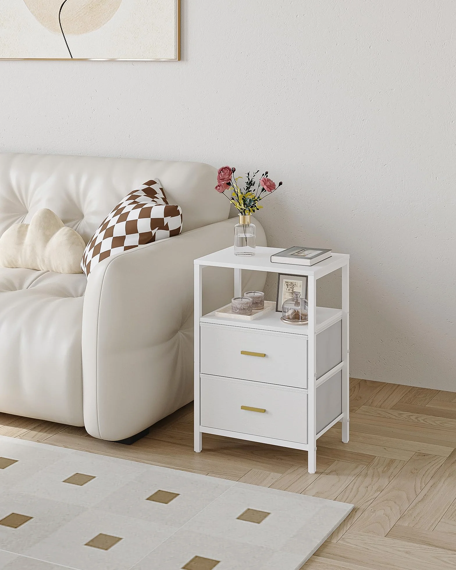 Hzuaneri Mesita de Noche Juego de 2, Mesa Auxiliar con 2 cajones de Tela Plegables, Compartimento Abierto, Mesita de café, Mesita de Noche Dormitorio, para salón, Dormitorio, Blanco NS30713W