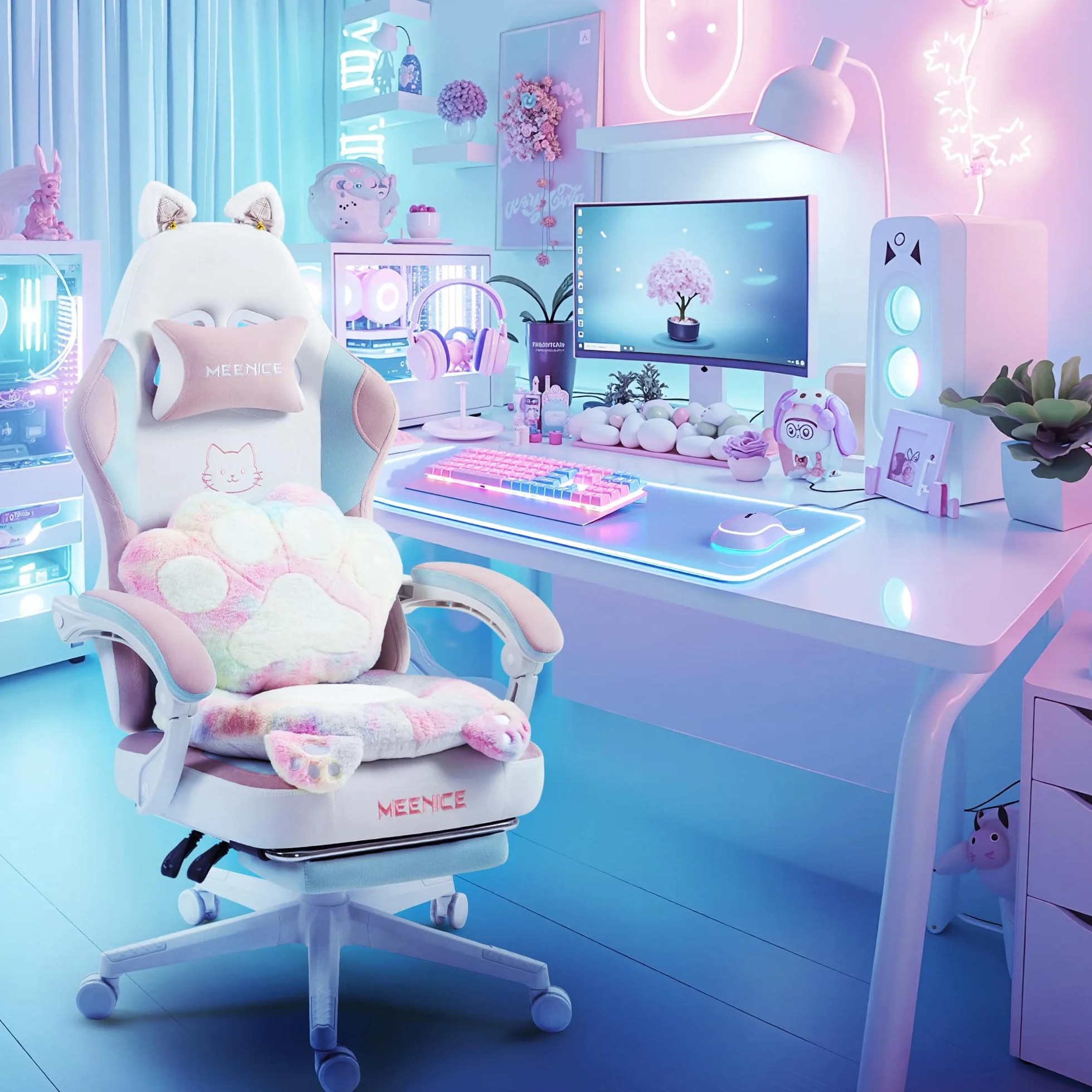 Silla Gaming de Gato con Reposapiés, Cojín Lumbar y Orejas de Gato, Silla Gaming Ergonómica de Terciopelo con Reposapiés para Mujeres, Adultos y Adolescentes, Colorida