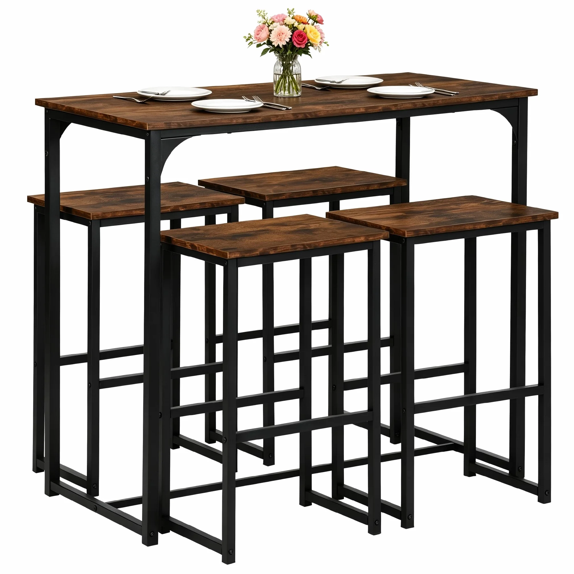 Conjunto Mesa Alta de Cocina con 4 Taburetes, Mesa Comedor con Sillas Industrial para Comedor, Cocina, Mesa de Bar 100 × 50 × 90 cm, Sillas 40 × 30 × 65 cm, Negro Mate + Veta Madera Retro