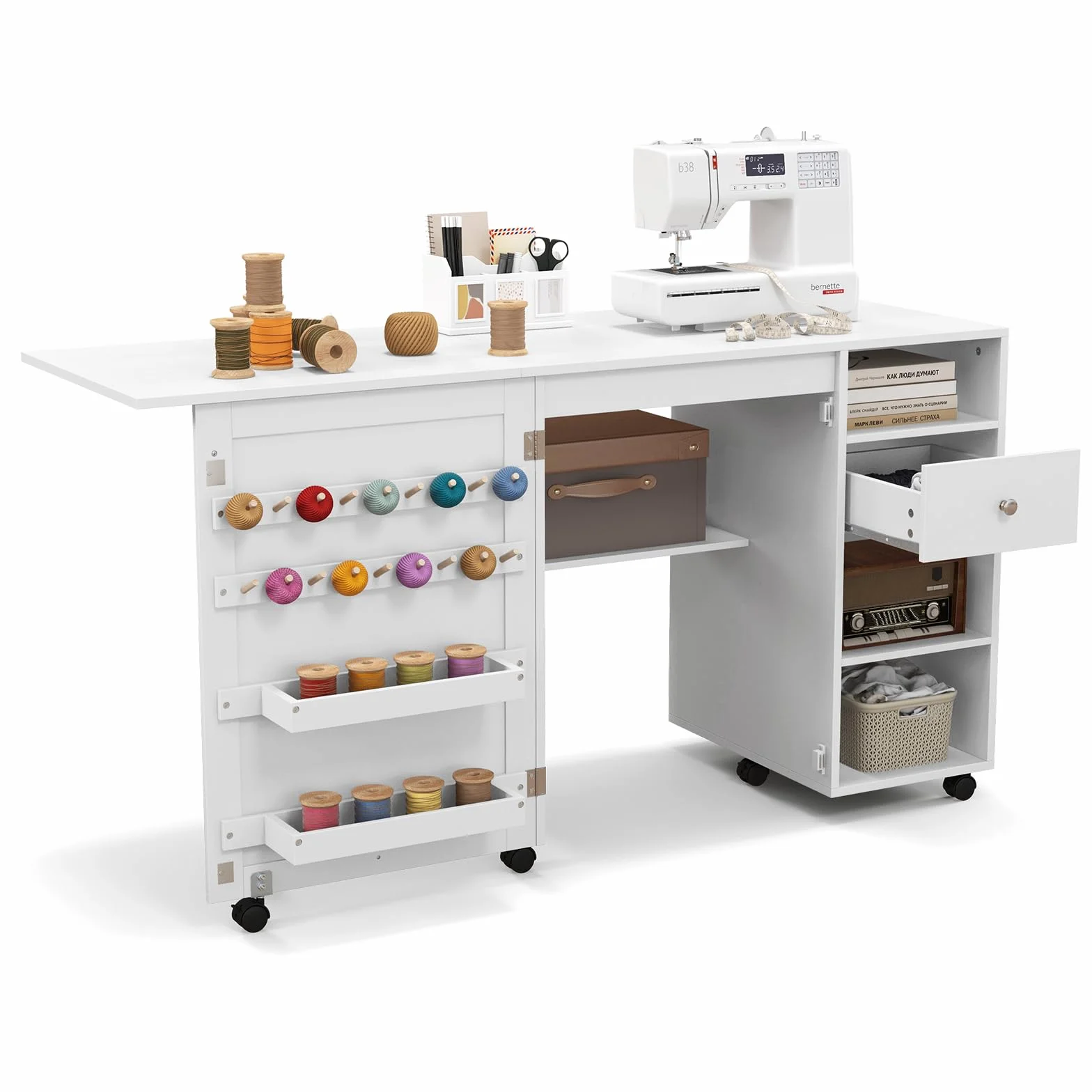 COSTWAY Armarios de Costura, Mesa Plegable de Costura Multifuncional con 3 Estantes de Almacenamiento, 18 Ganchos y 2 Soportes para Hilos, Mesa de Trabajo de Costura Portátil con 6 Ruedas Bloqueables