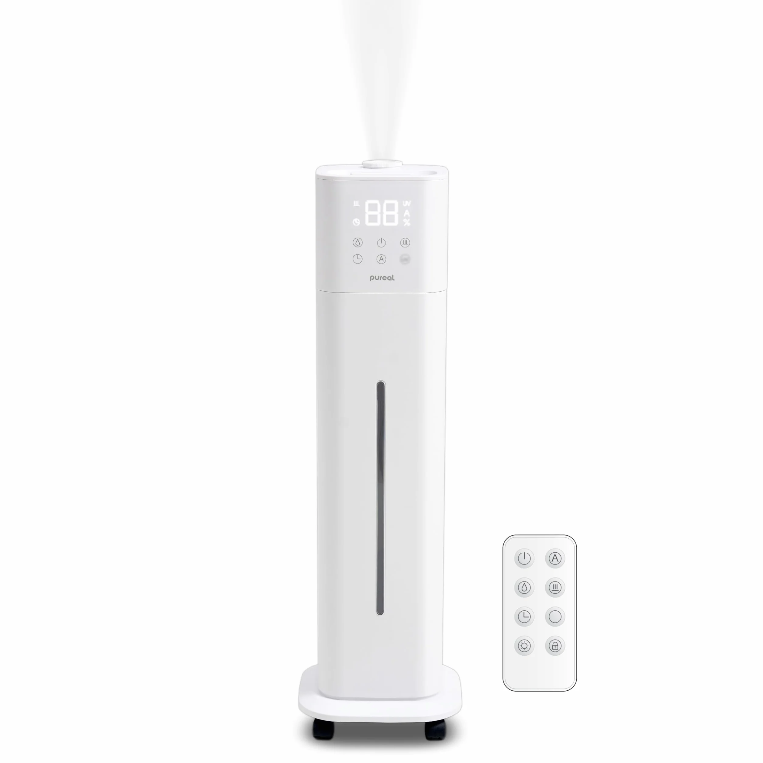 Pureal Humidificador de torre, 2.6 galones (10 L) sobre ruedas, niebla cálida y fría de 3 etapas, dura 83 horas, habitación grande con luz ambiental, ajuste de humedad, temporizador de 12 horas
