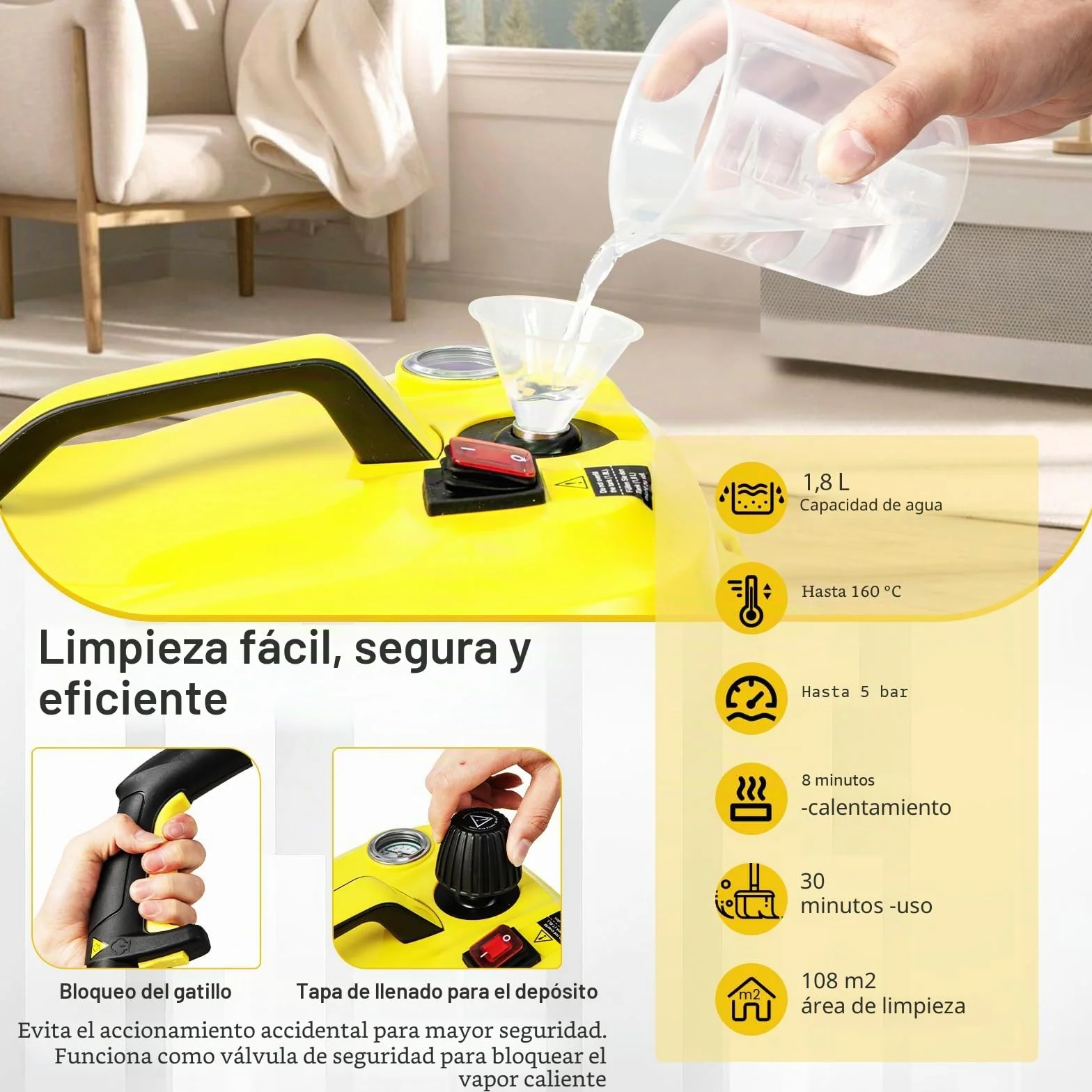 RELAX4LIFE Limpiador a vapor, Presión de vapor: 5 bar, Potencia: 2000 W, Superficie de limpieza: 108 m², Capacidad del tanque: 1,8 L, Tiempo de calentamiento: 8 min., con juego de limpieza para suelos