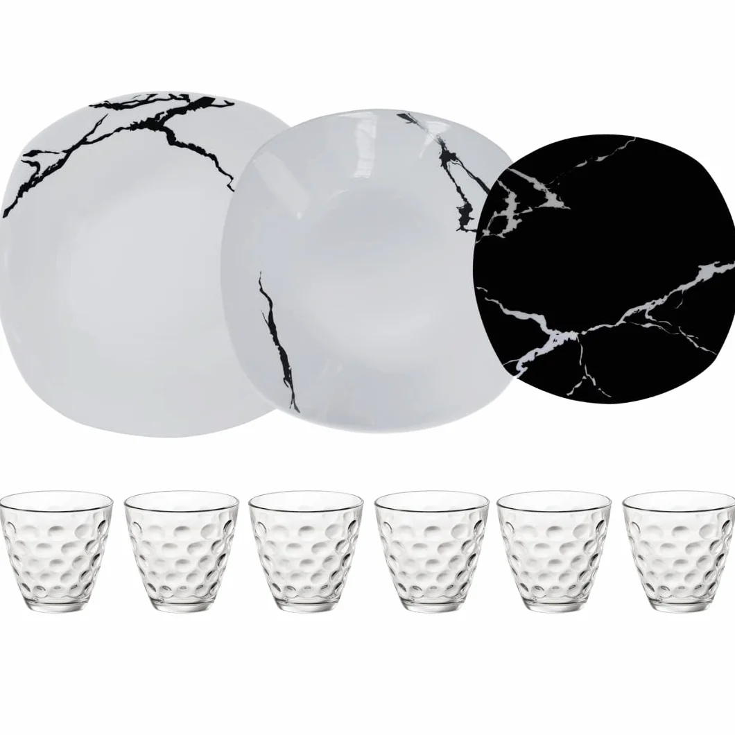 Servicio de platos de 25 piezas para 6 personas con vasos y ensaladera | Resistente porcelana blanca y negra diseño moderno mármol elegante refinado | Uso diario, para lavavajillas y microondas