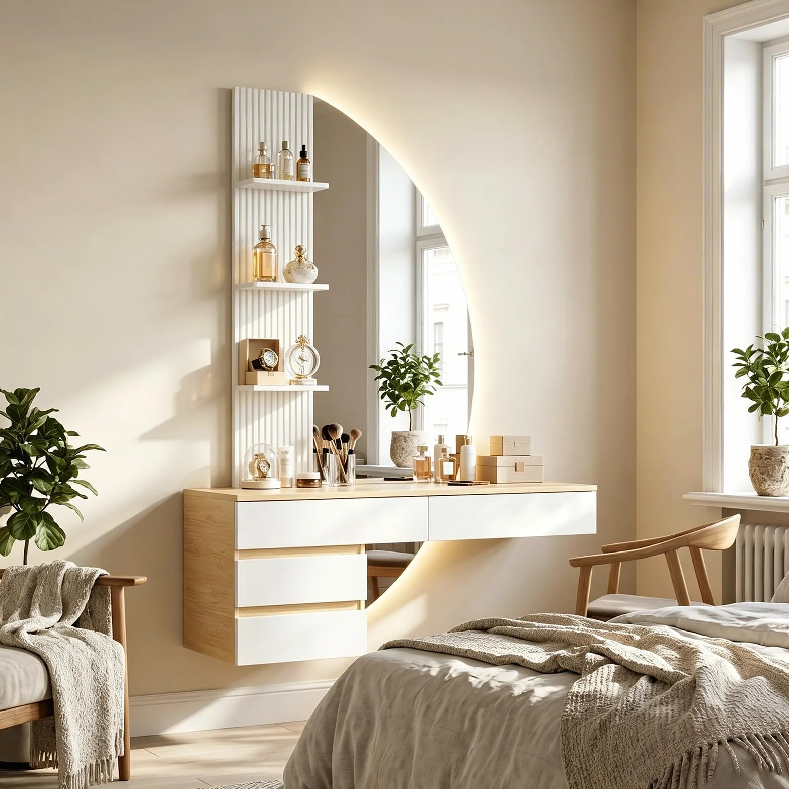 TRIUMPHKEY Tocador de Pared con Espejo en Forma de Media Luna y Luz LED Regulable, Mesa de Maquillaje Flotante con 4 Cajones y 3 Estantes, Tocador Moderno de Ahorro de Espacio para Dormitorio (Blanco)