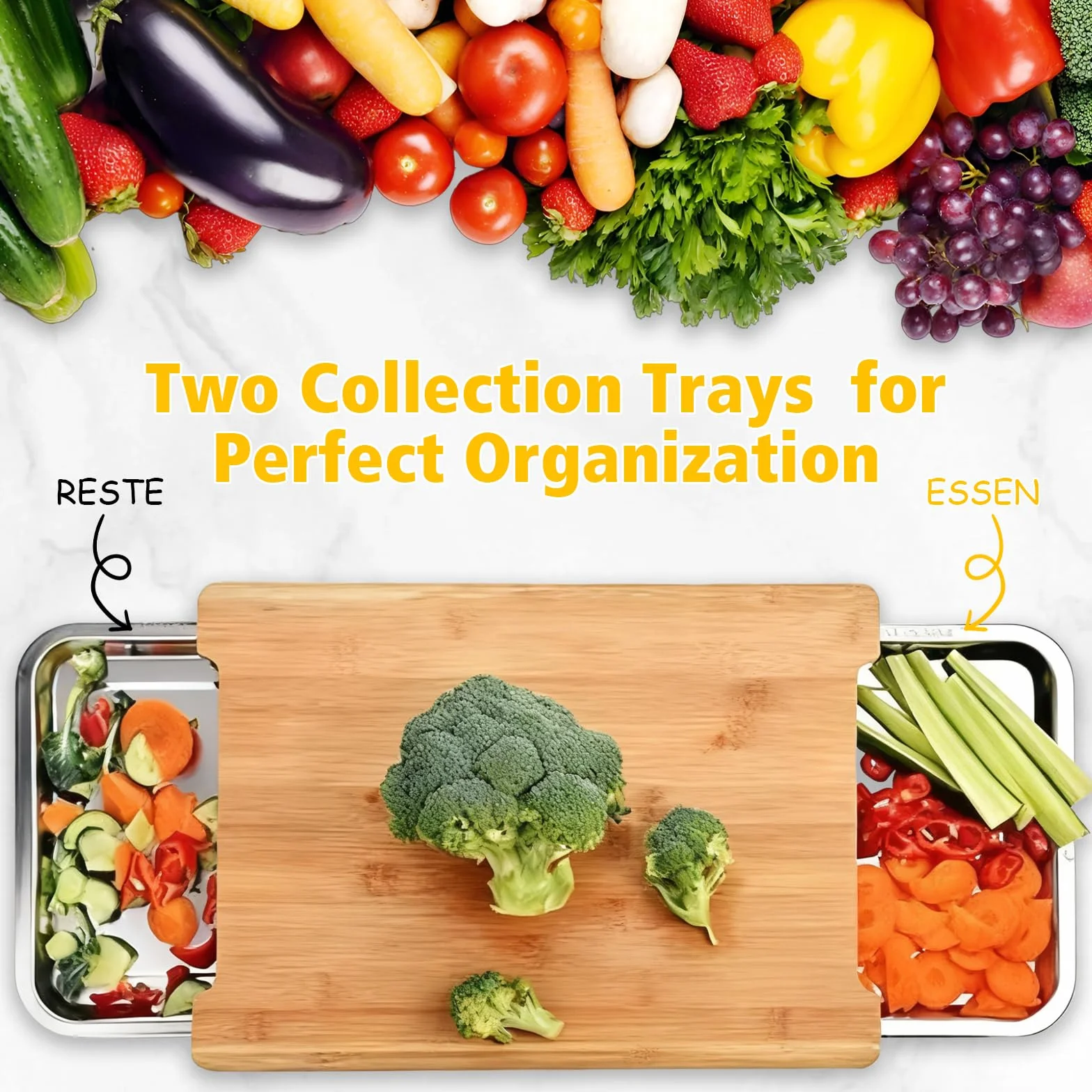 Tabla de cortar de bambú, tabla de cortar de cocina con 2 bandejas deslizantes de acero inoxidable para preparación de alimentos, carne, verduras