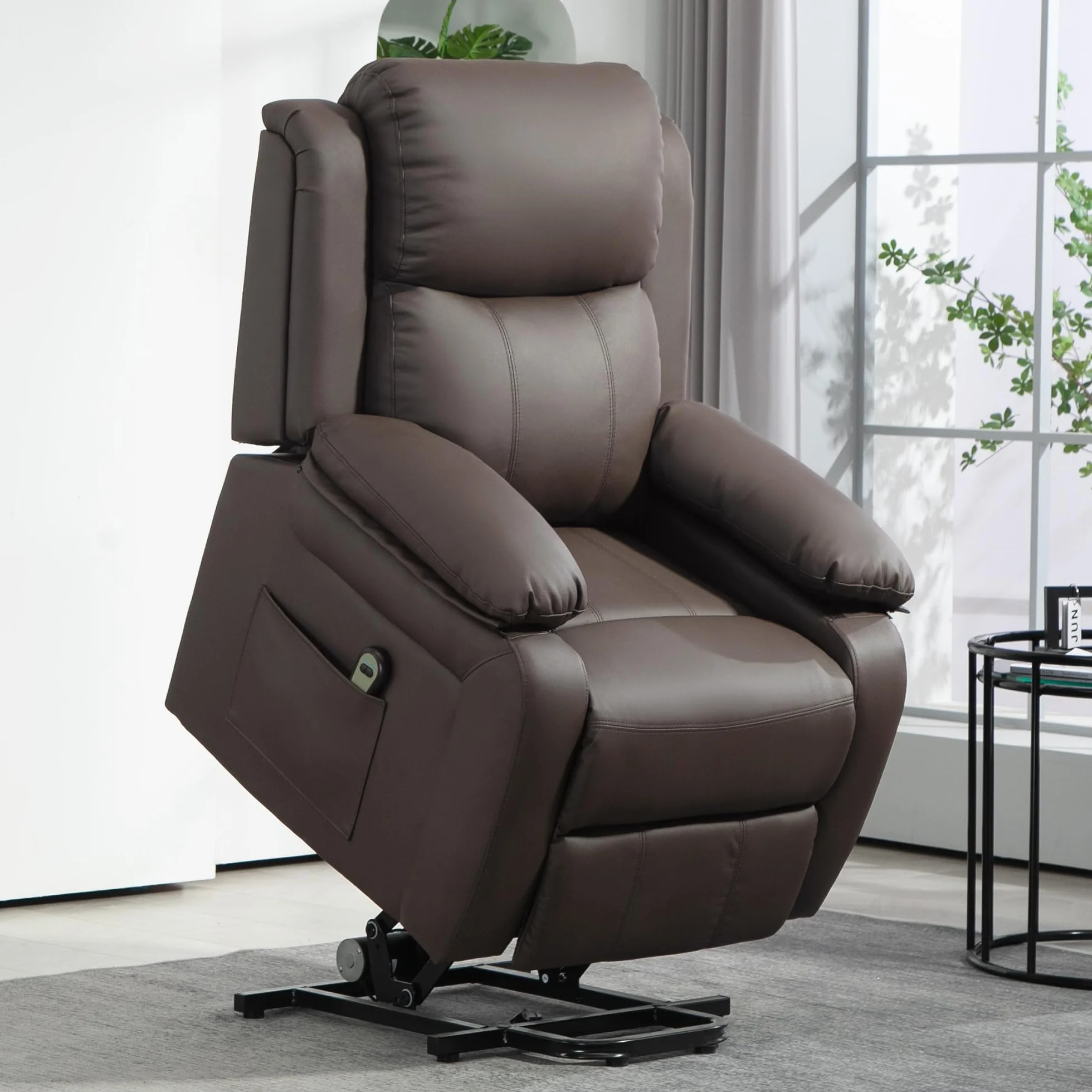HOMCOM Sillón Relax Eléctrico Reclinable Levanta Personas, Sillón Elevador, con Respaldo Alto, Control Remoto, Reposapiés, Acolchado Grueso, Tapizado en PU, Bolsillos Laterales, Marrón Oscuro