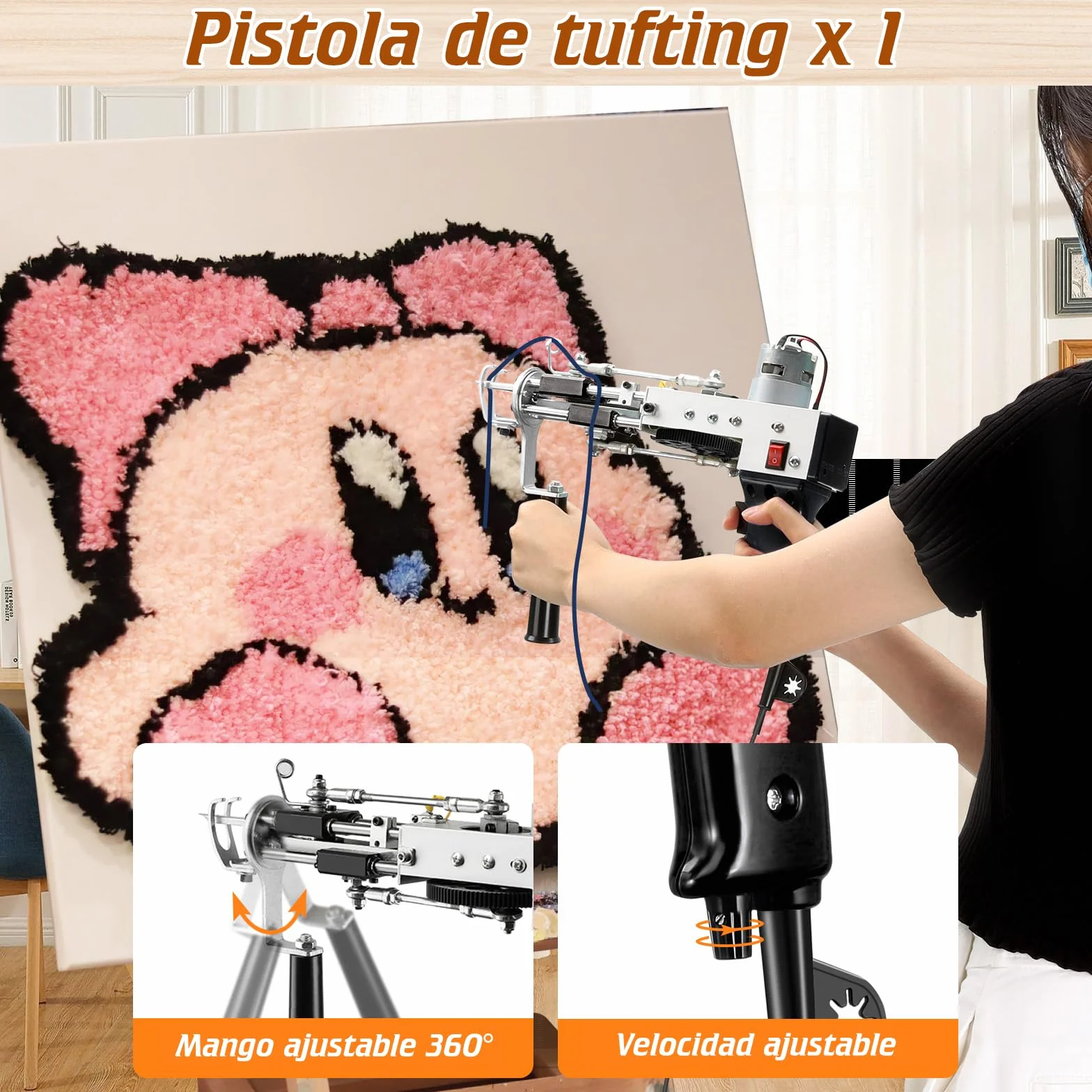 BESGEER 2024 Kit de Inicio de Pistola para Tejer Alfombras con Marco y Cortacarpetas, Kit de Tejer Alfombras de Pileta de Corte y Anillo 2 en 1, Kit Completo de Pistola para Teje(Negro)