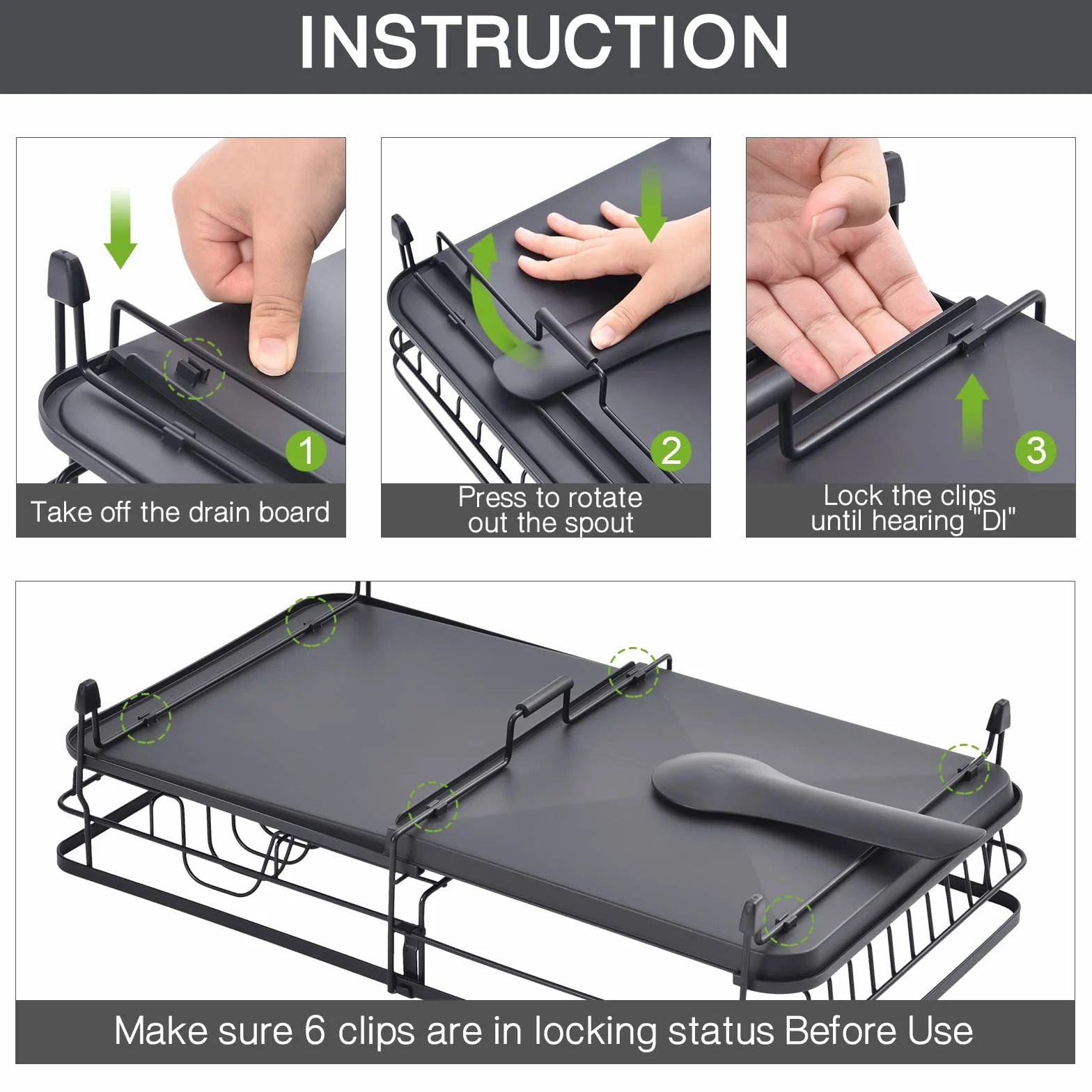 KINGRACK Escurreplatos Extensible de Gran Capacidad con Soporte para Cubiertos Extraíble, Negro