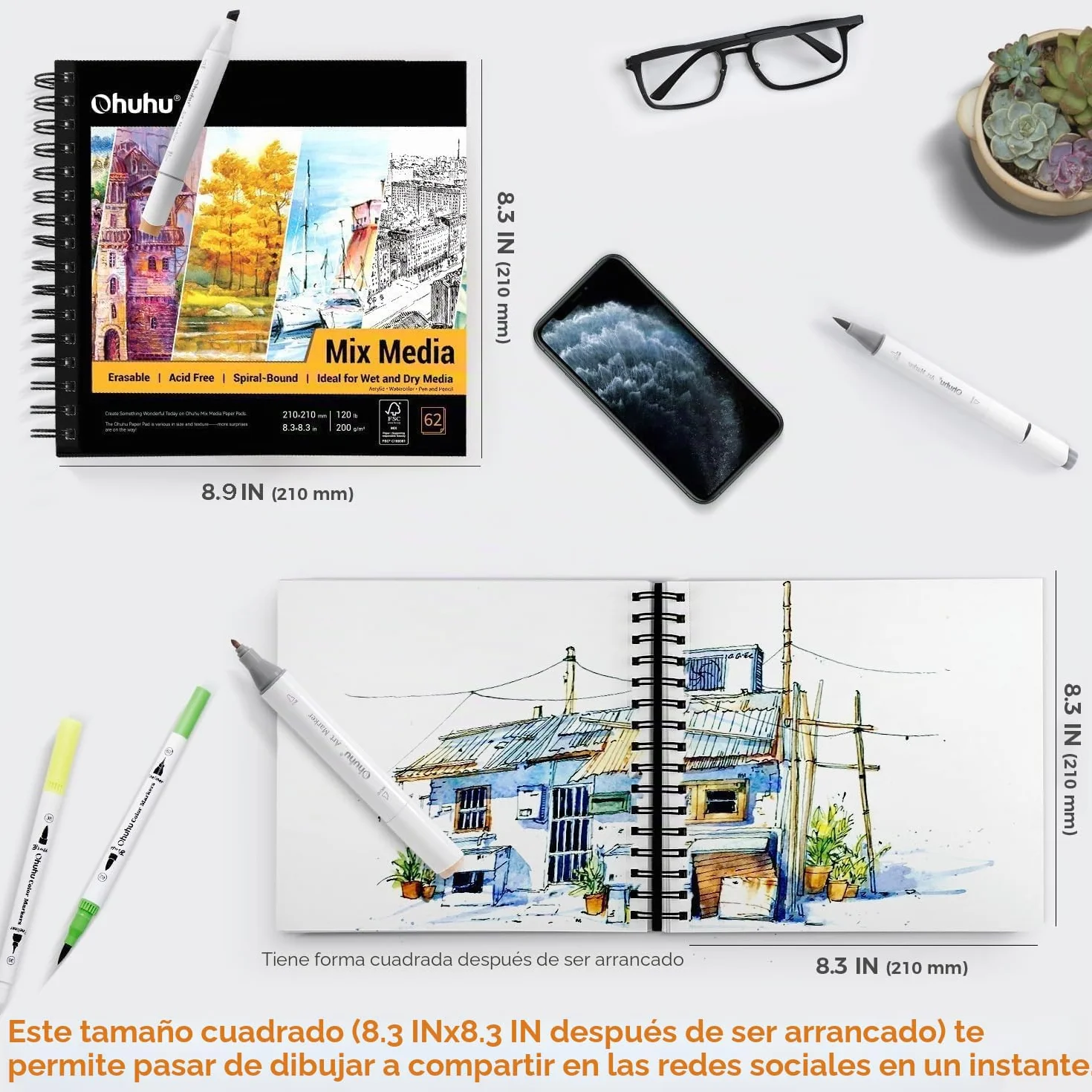 Ohuhu Cuaderno de Dibujo 200g/m² Tapa Dura Encuadernado en Espiral 225mm x 210mm 124 páginas
