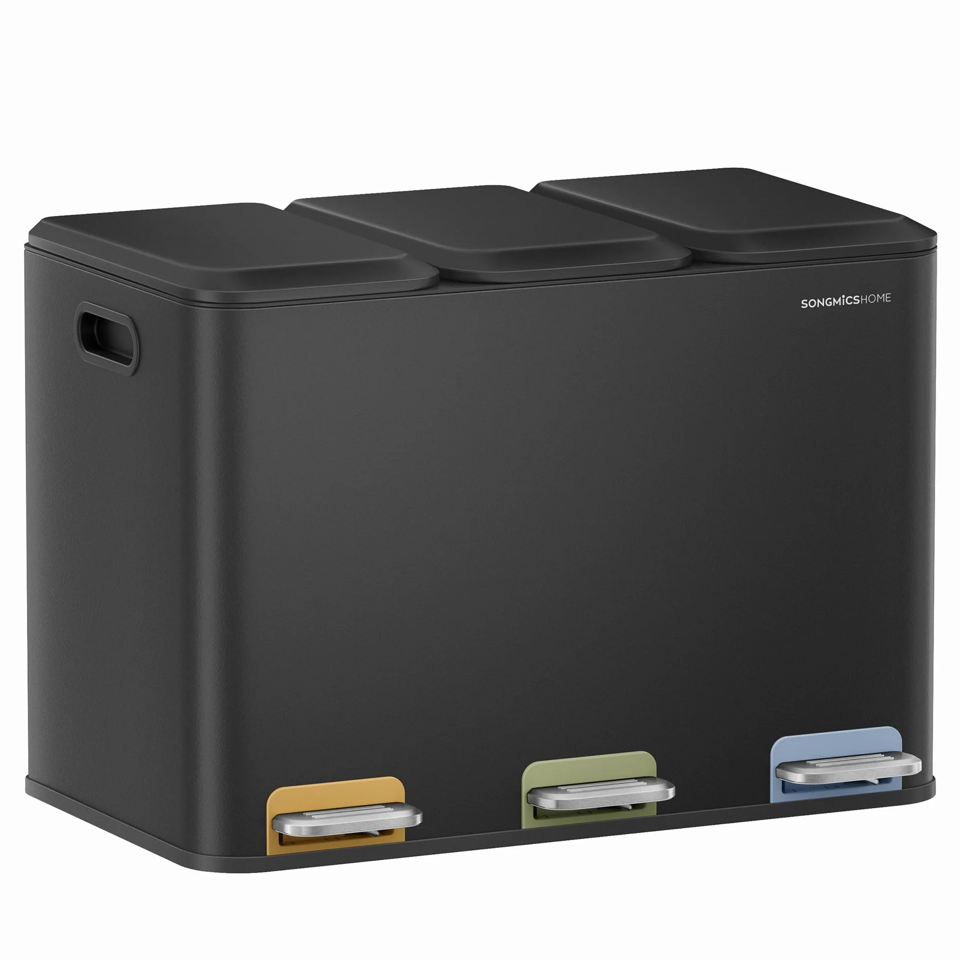 SONGMICS HOME Papelera de Cocina Triple, Cubo de Basura de 3 x 15 L con Pedales Codificados por Colores, Sistema de Separación de Residuos, con Tapas y Cubos Interiores, Acero, Negro Tinta