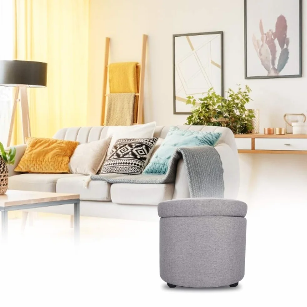 Ausla Taburete de Almacenamiento Multifuncional, Reposapiés Redondo con Tapa Extraíble, Esponja y Paulownia, 37 X 37 X 30 Cm, Asiento de Almacenamiento Oculto para Sala de Estar, Dormitorio,
