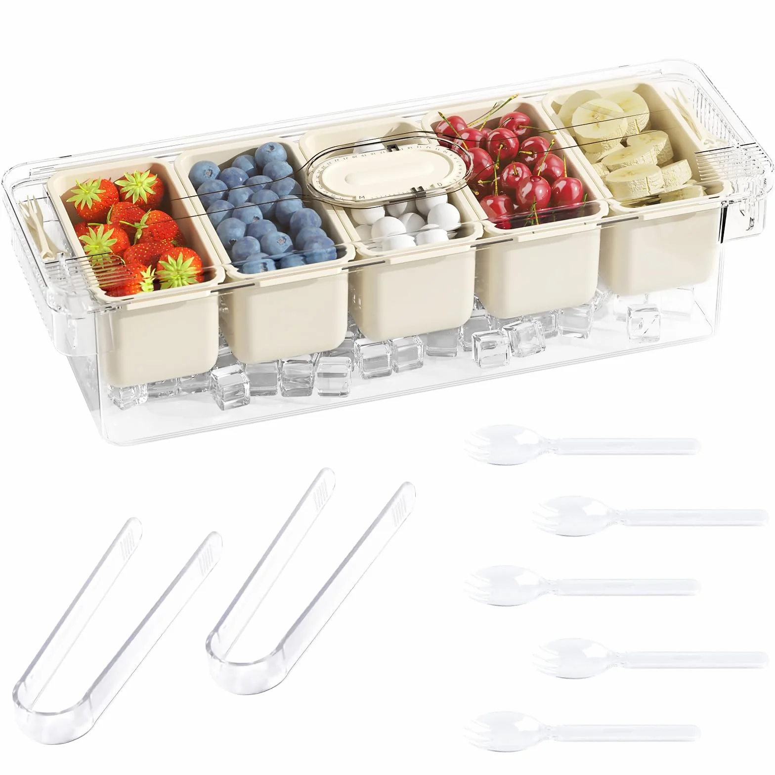 Fangoo Condimentos Refrigerados Organizador con Tapa con 5 Compartimentos 5 tenedores y 2 clips extraíbles en Hielo Bandeja Condimentos Refrigerada Viene para bar de ensalada Buffetes de pizza
