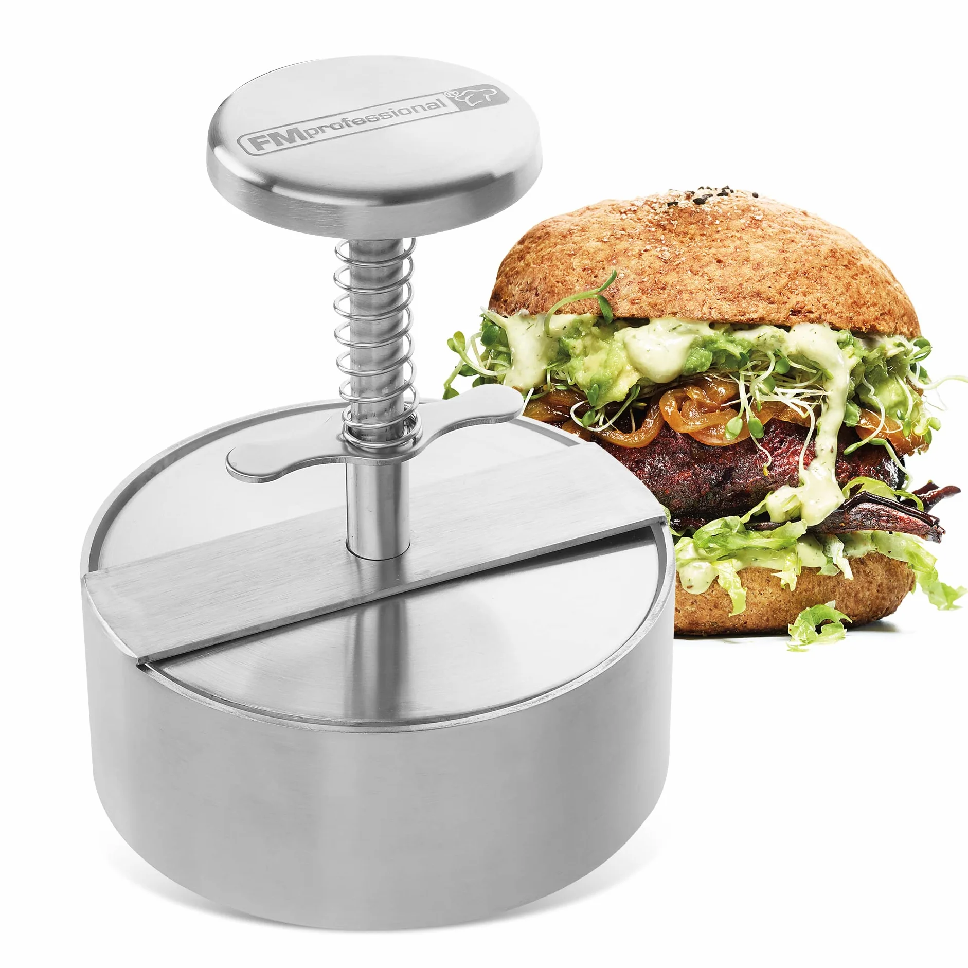 FM Professional Prensa Hamburguesas Profesional XXL Molde de gran tamaño en Acero Inoxidable para Carne, Pescado, Burger Vegana, Filetes Rusos Apta para lavavajillas, 14x11,5cm, 1 ud.