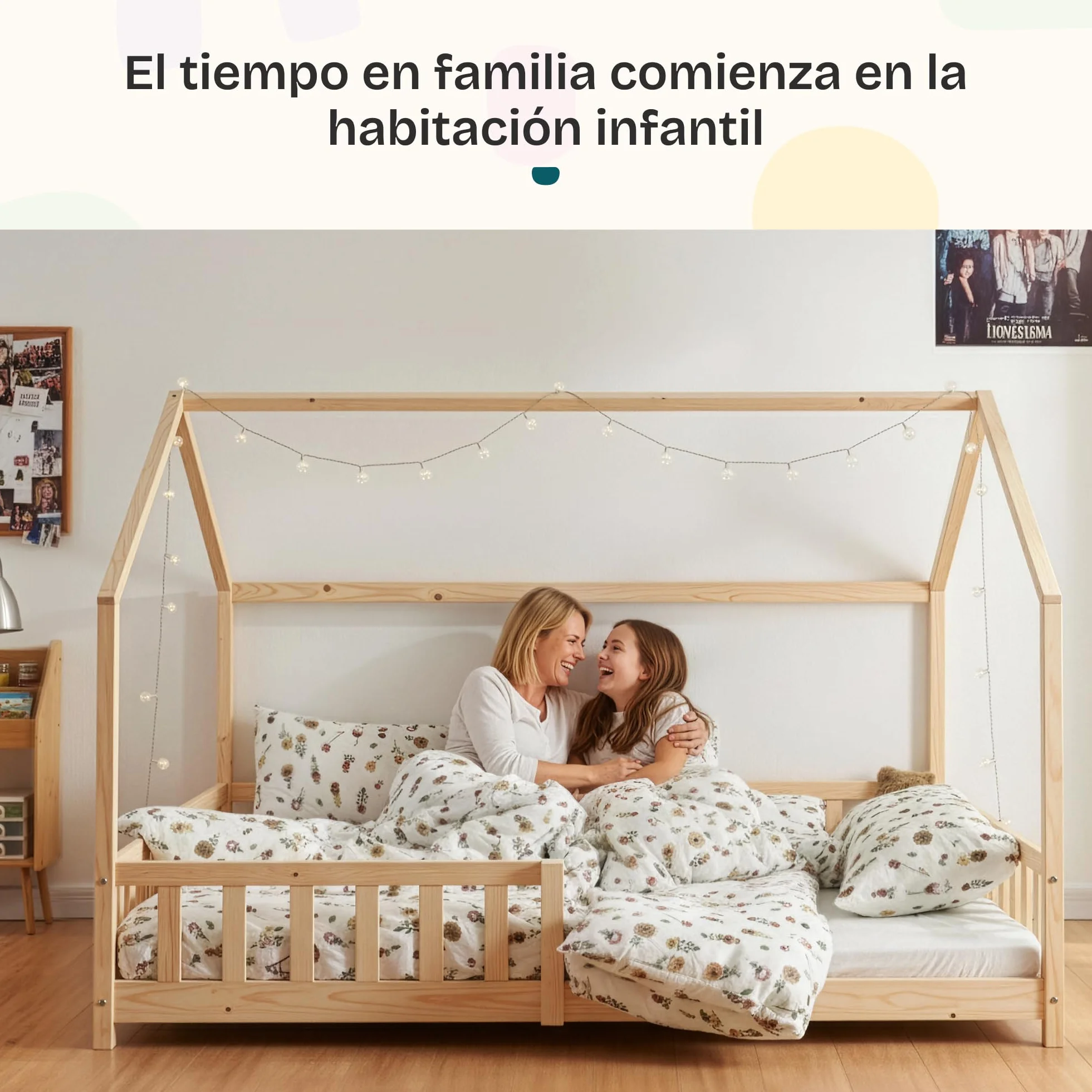 [en.casa] Cama para Niños Hesel Decorativa Cama Infantil Individual con Somier y Barandilla Estructura en Forma de Casa Estilo Montessori Madera de Pino 120 x 200 cm - Efecto Madera