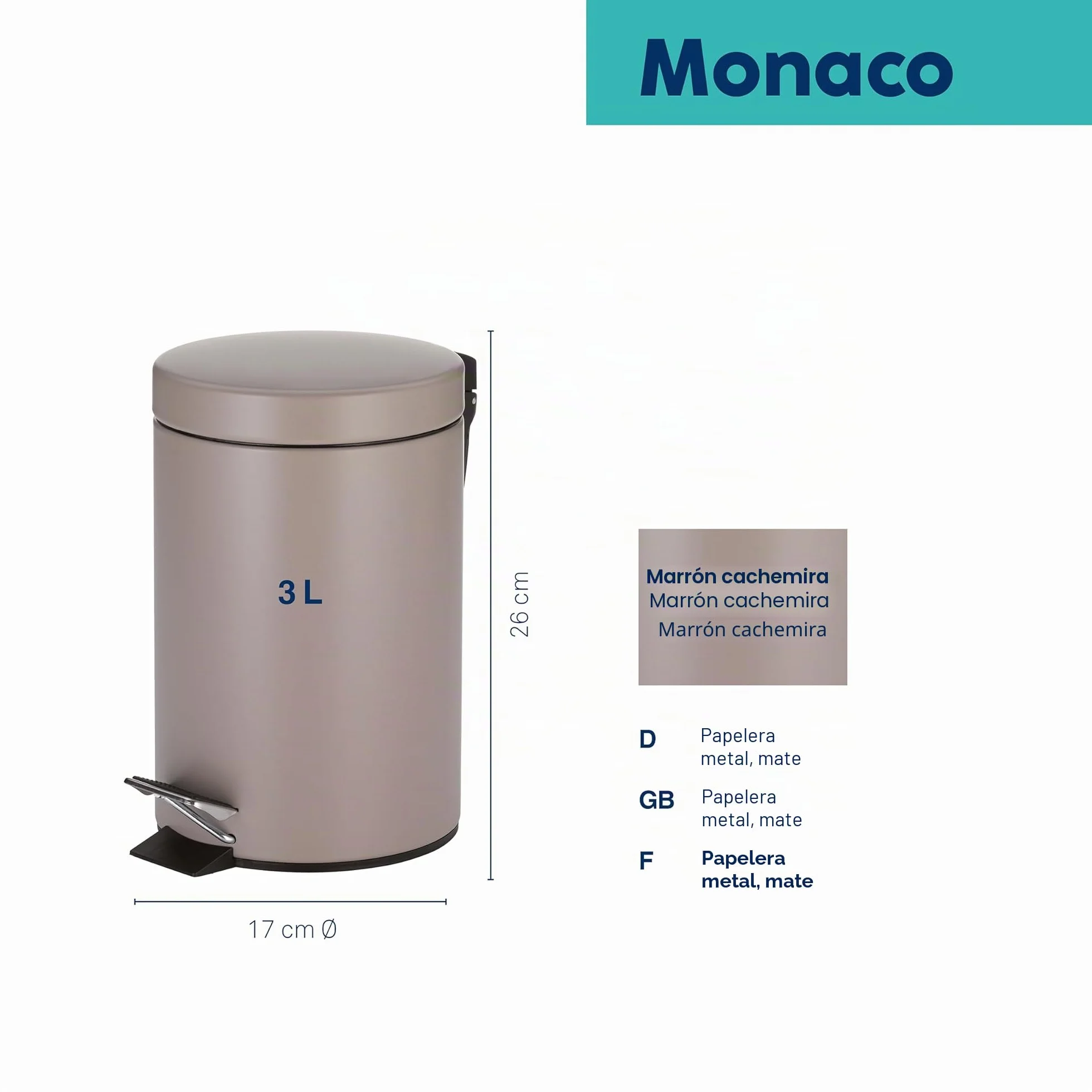 kela Cubo de basura metálico con pedal 3 L marrón cachemira mate MONACO