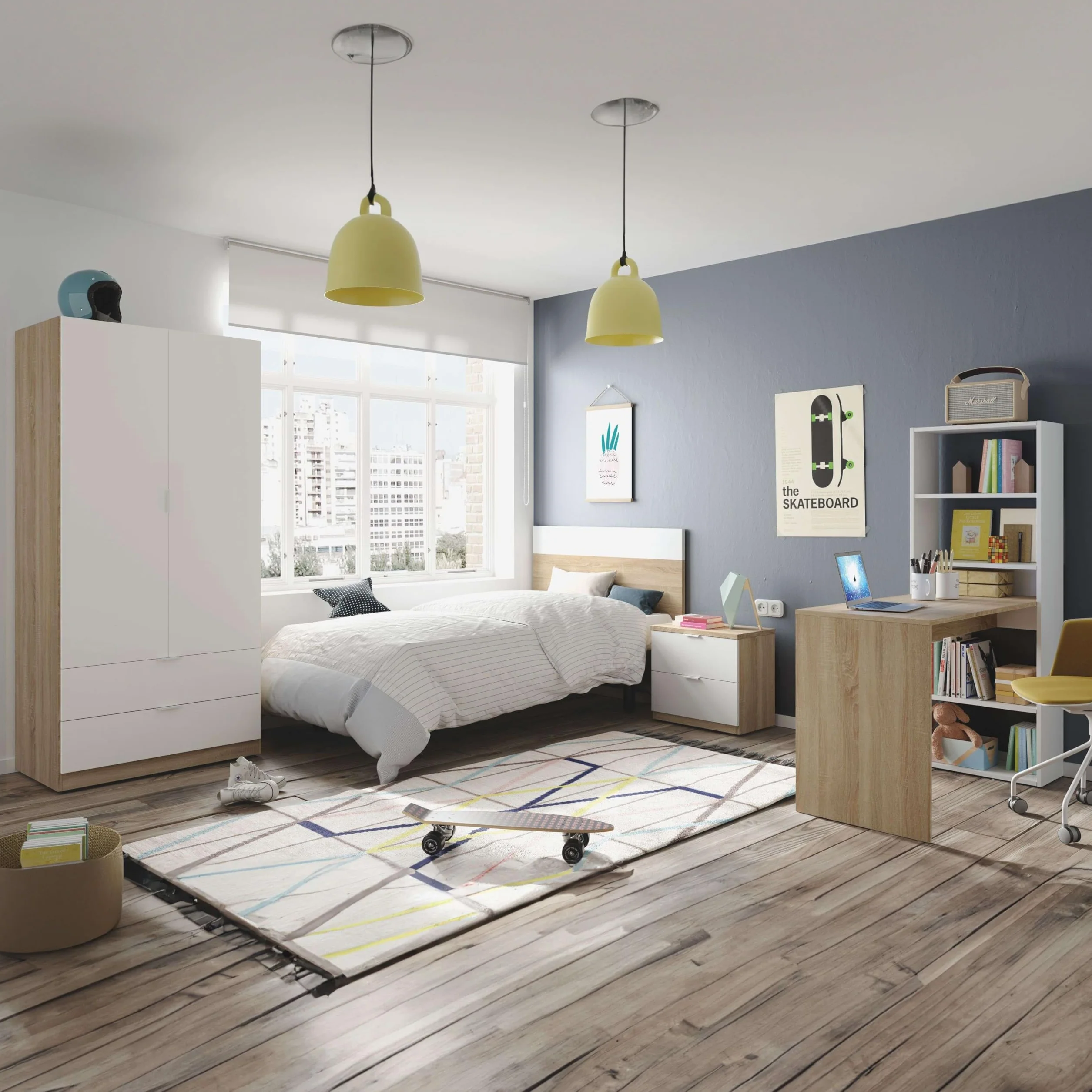 Miroytengo Pack de Muebles de Dormitorio Juvenil Luca en Color Blanco y Roble Canadian formado por Armario, Cabecero, Mesita y Escritorio