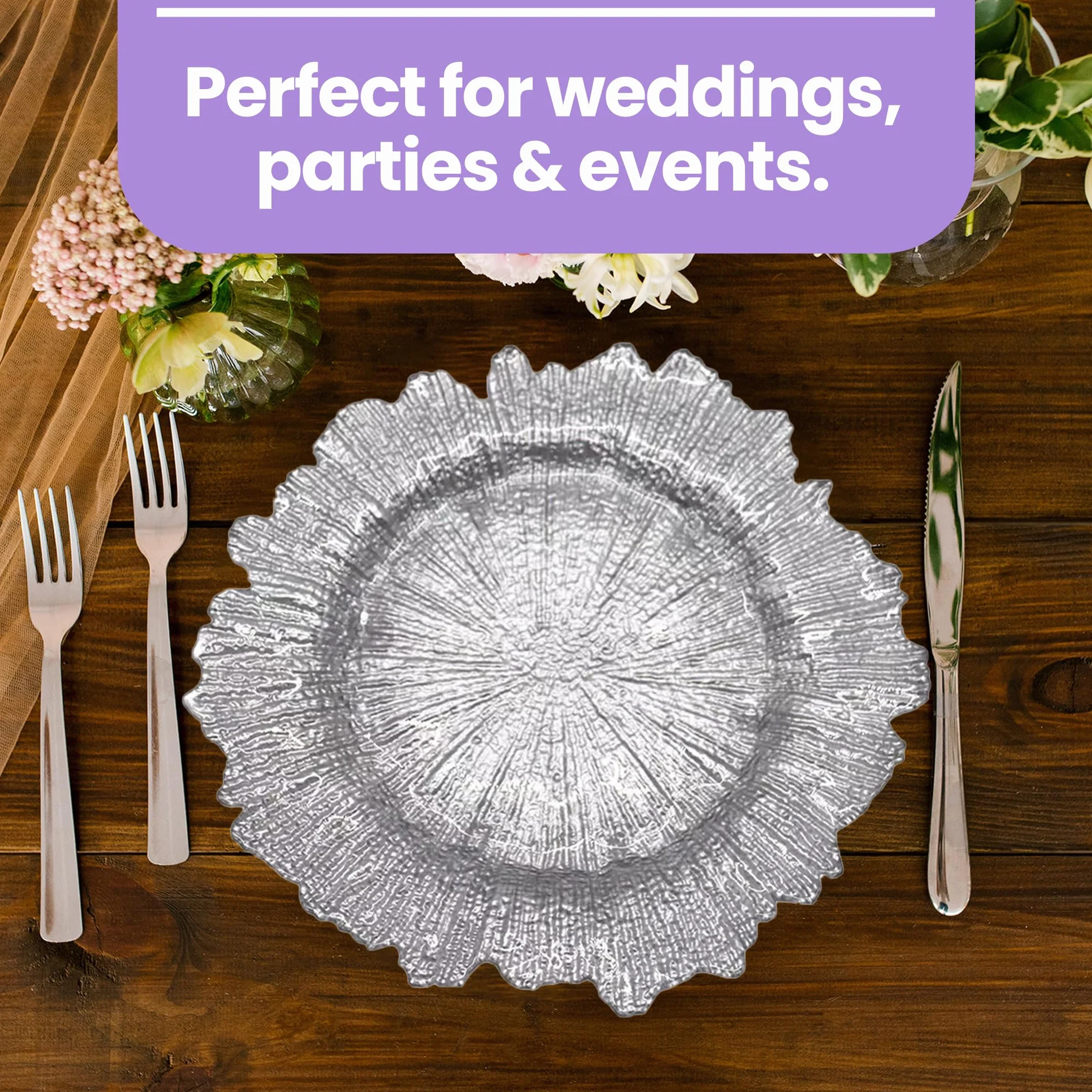 Platos de carga plateados de diseño vintage – 33 cm elegantes platos de polipropileno para bodas, fiestas, aniversarios, cumpleaños, vajilla, eventos de catering y eventos especiales – Juego de 6
