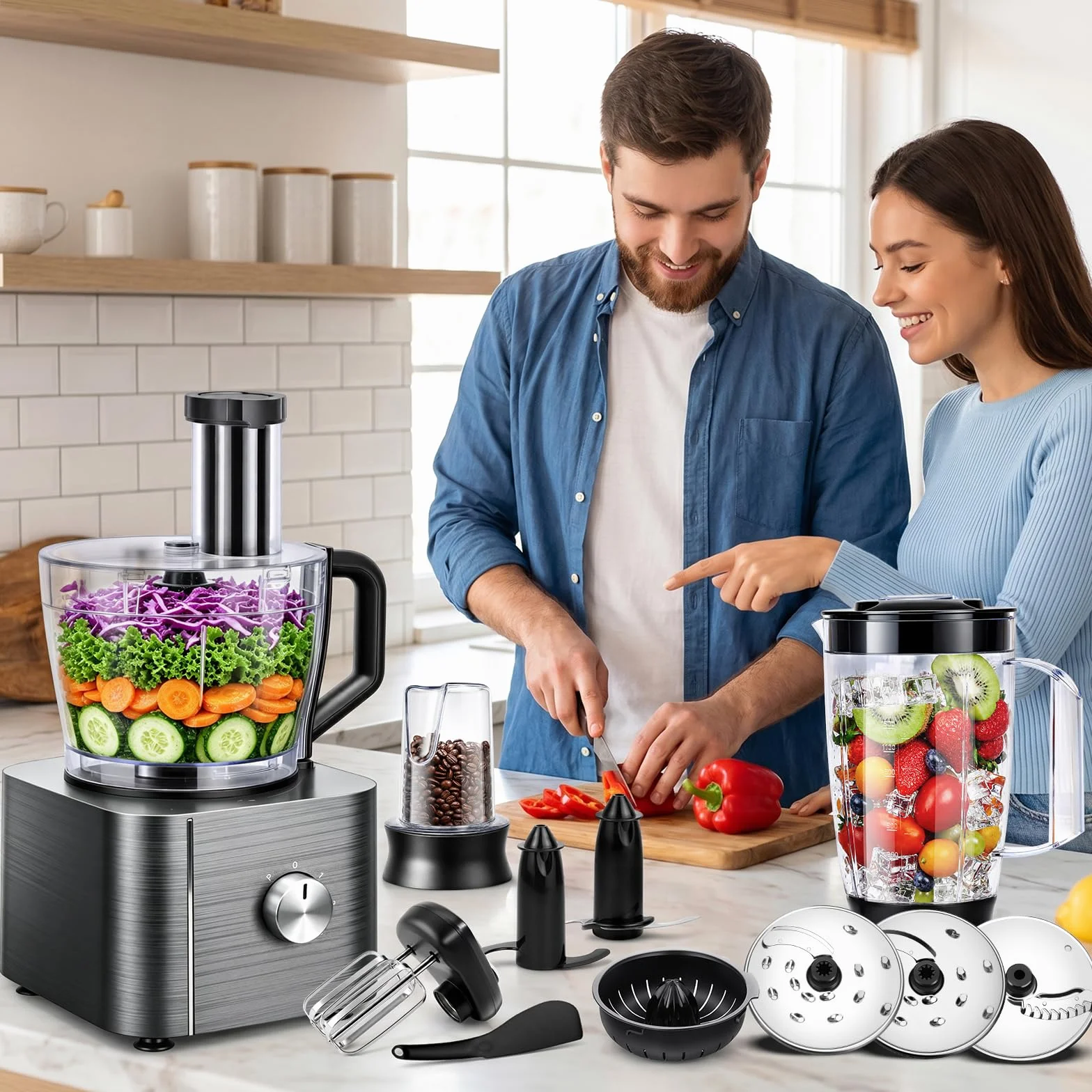 TopStrong Procesador de Alimentos, 800W Robot de Cocina, 3 Velocidades y Pulse, Recipiente de 2L, Incluye 3 Discos de Corte, Picadora, Amasadora y Batidor