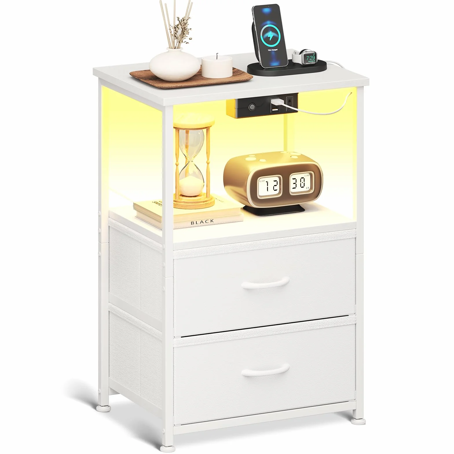 Coleshome Mesitas de Noche, con Enchufe, 2 Puertos USB y Tira de Luces LED, Mesita de Noche con 2 Cajones de Tela y 1 Espacio de Almacenamiento, 40 x 30 x 60 cm, 1 Paquete