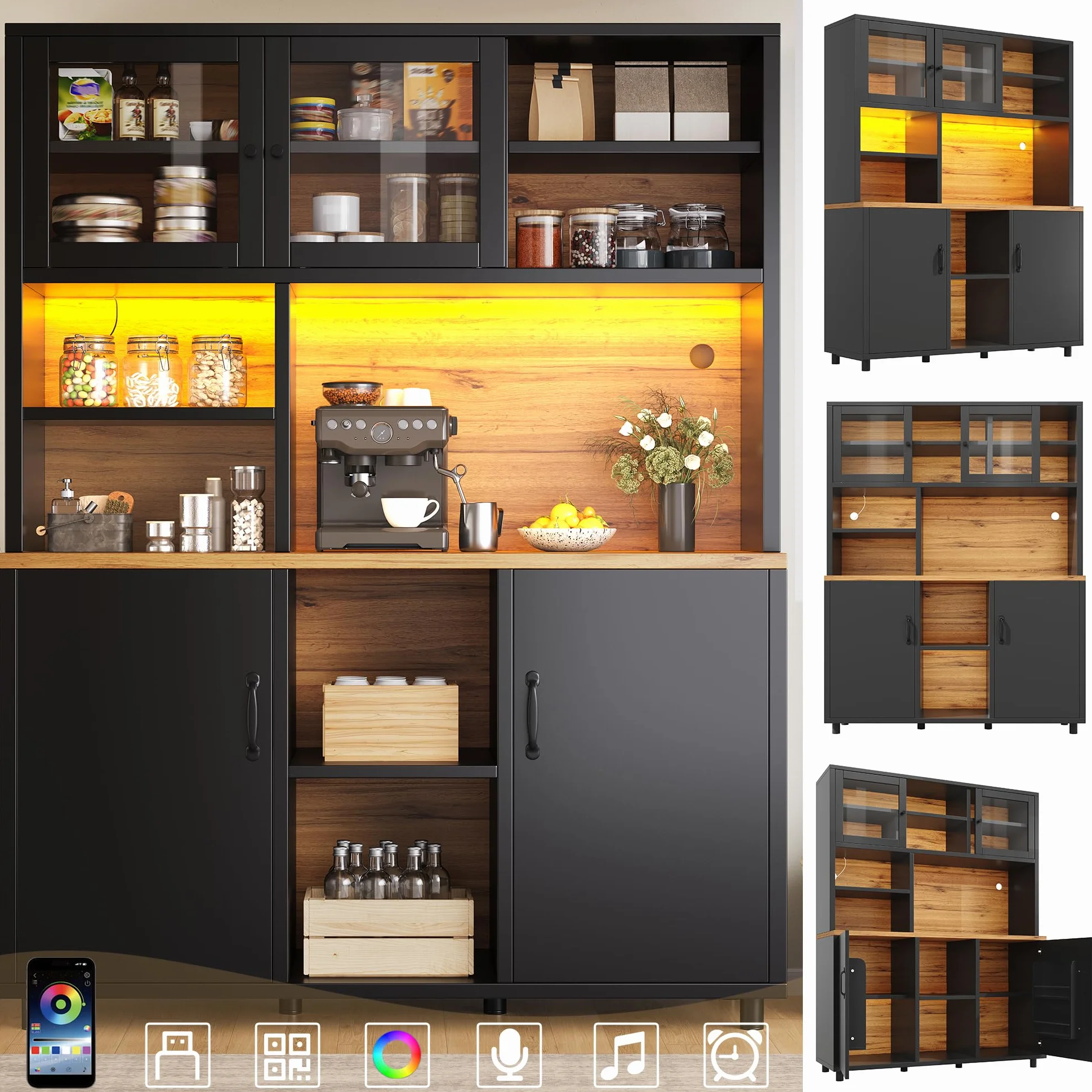 LAKFEW Alacena de Cocina Armario Cocina con Iluminación LED y Puerta Corredera de Cristal, Aparadores Mueble Auxiliar Cocina con Estante Ajustable y Puerta de Almacenaje, 140x40x185 cm, Negro