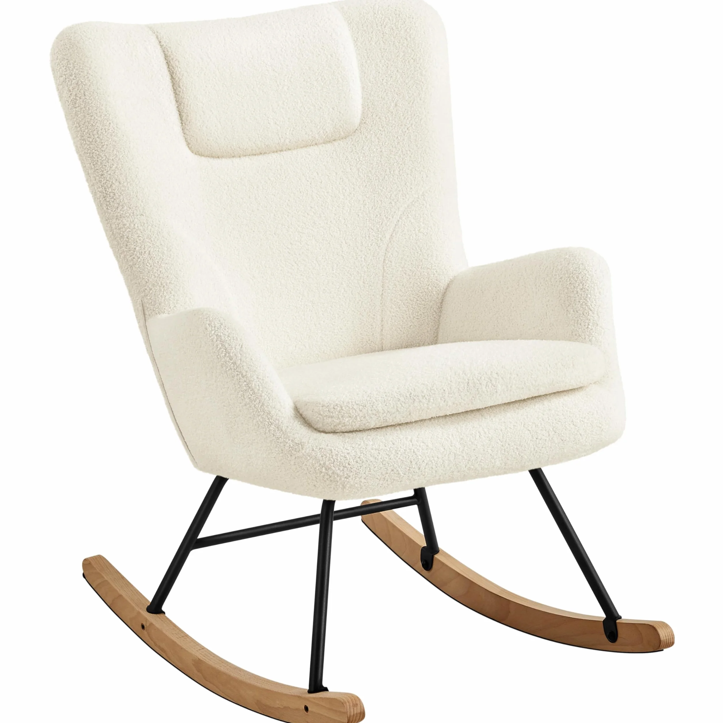 Yaheetech Silla Mecedora Relax Tapizada en Boucle Sillón Balancín con Estructura Metal y Madera de Haya Respaldo Alto Soporta 136 kg Ideal Salón Dormitorio Beige