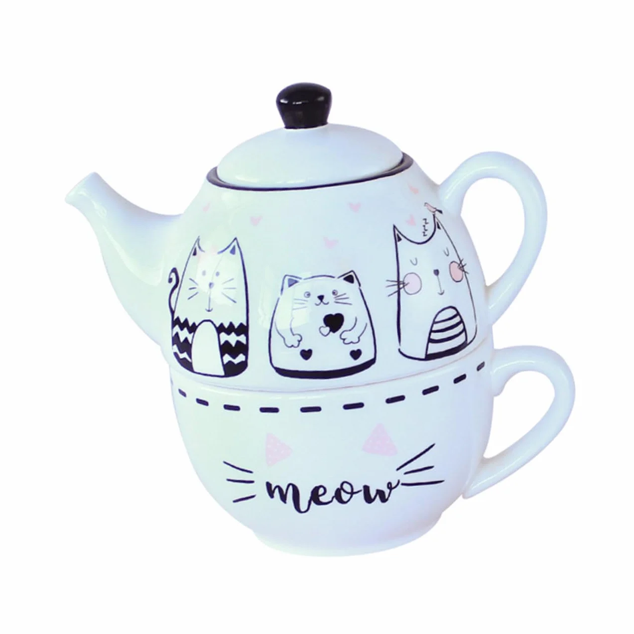 Toyvian Juego de Té de Cerámica Tetera y Taza en Blanco Diseño de Gato Adorable, Adecuado para Decoración del Hogar y Aficionados al Té