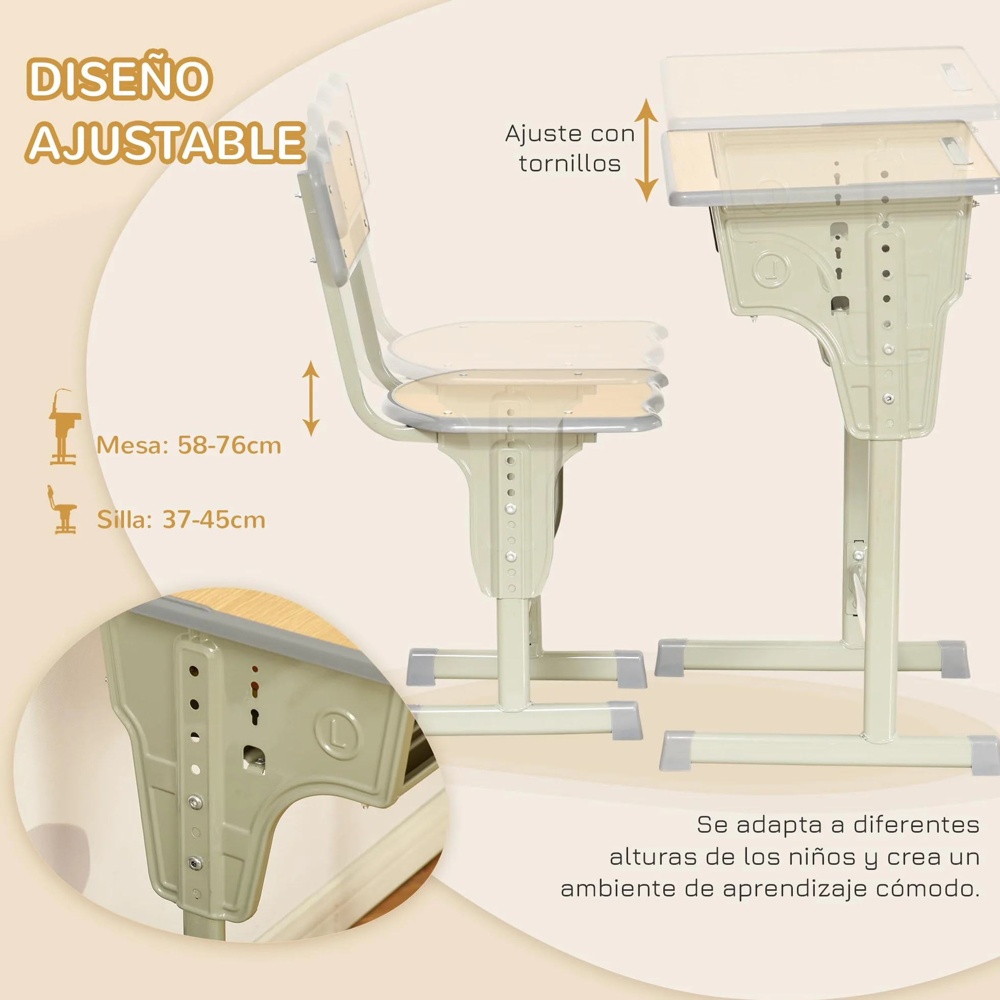 HOMCOM Juego de Escritorio y Silla para Niños +6 Años Altura Regulable con Gancho y Cajón Madera Natural