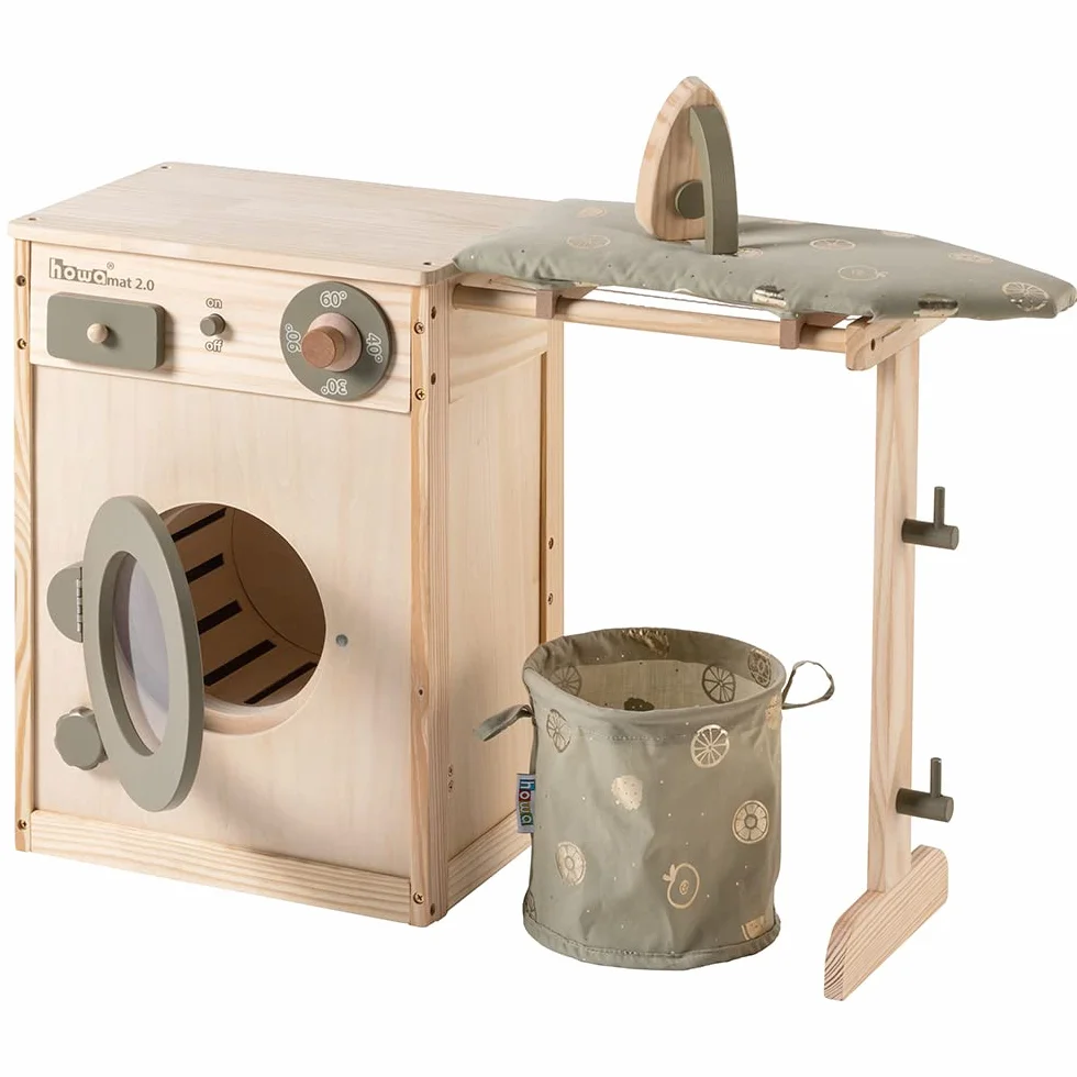 howa Lavadora infantil de madera Lavadora para niños con tendedero, tabla de planchar, cesta de ropa y plancha 48142