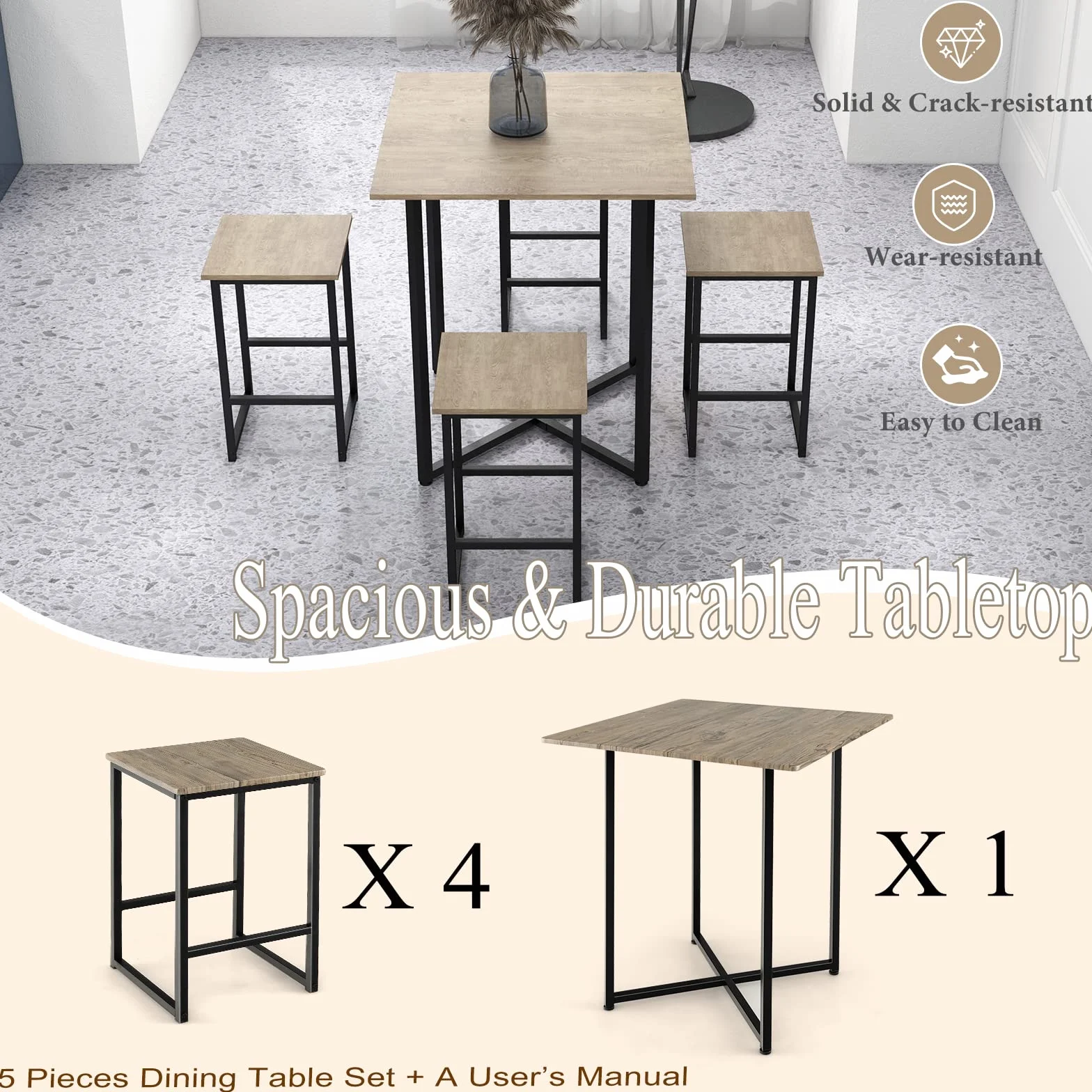 HOMASIS Mesa de bar con taburetes, juego para 4 personas, madera, decoración industrial
