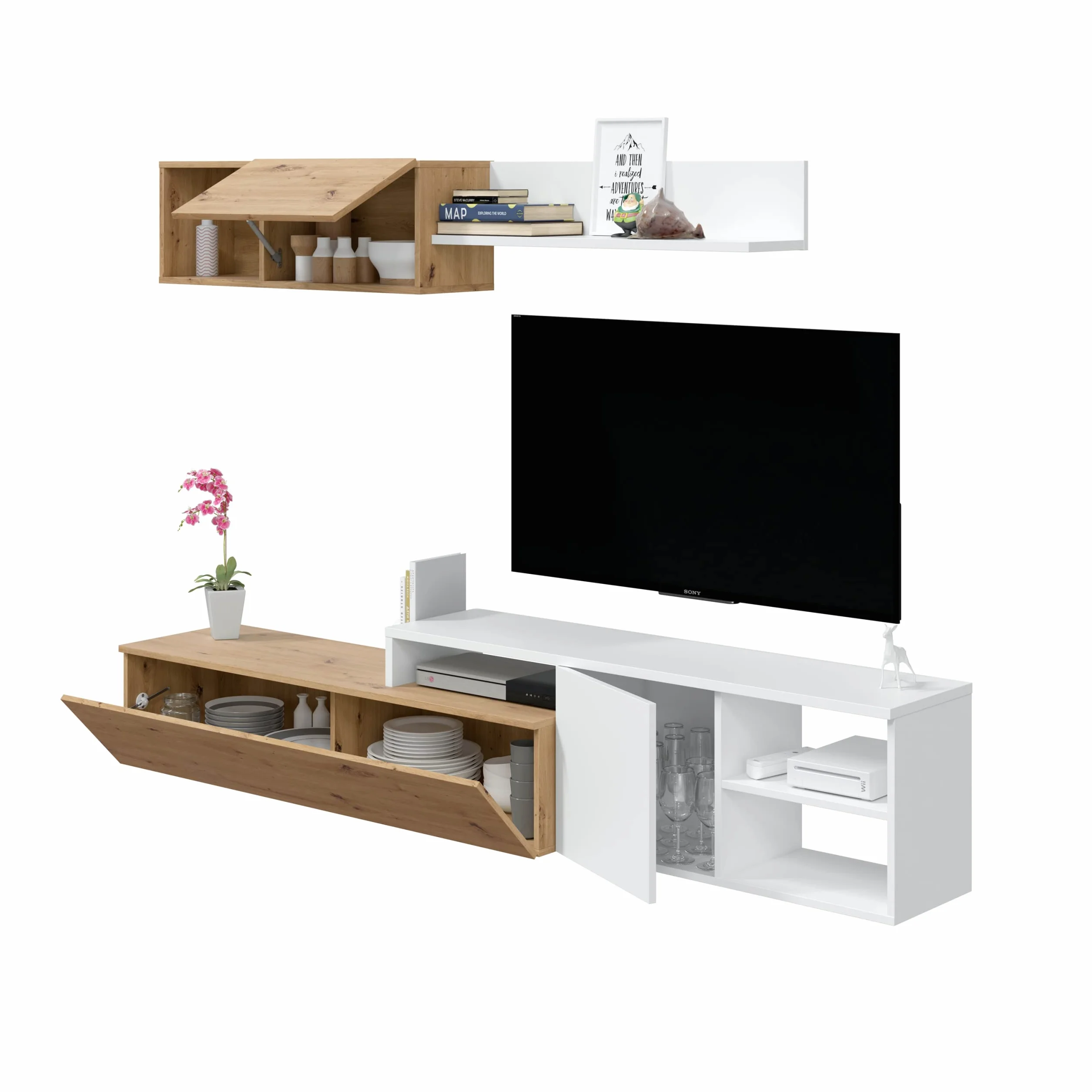 Habitdesign Conjunto de Salon Reversible, Mueble de Salon, Modulos de Comedor, Modelo Julia, Acabado en Roble Nodi y Blanco Artik, Medidas: 221 cm (Ancho) x 44 cm (Alto) 40cm (Fondo), Grande, 016647W