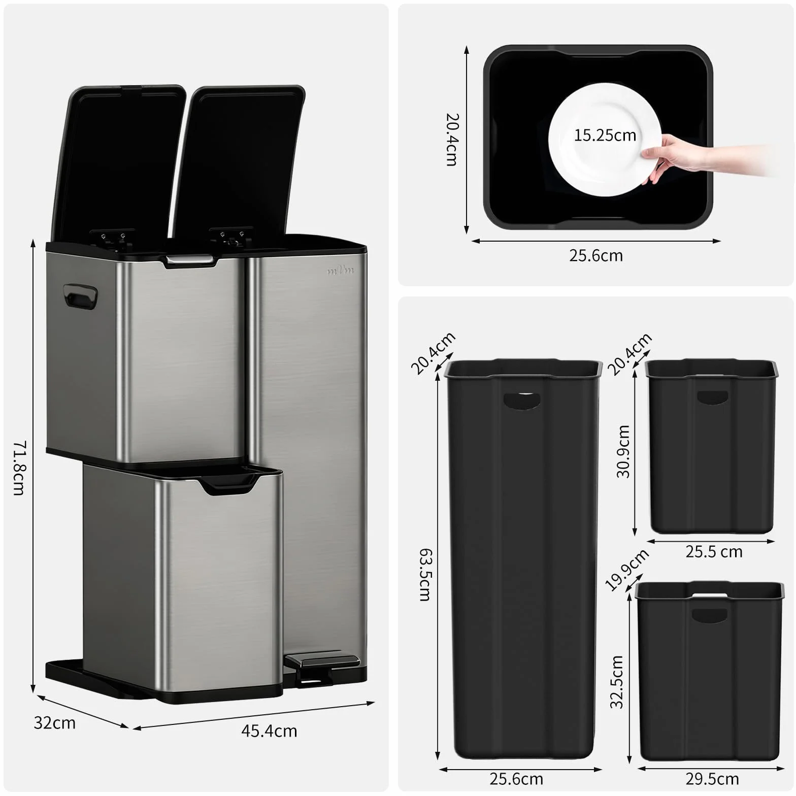 mVm Cubo de Basura Cocina de Acero Inoxidable, 3 Compartimentos 60L con Tapa de Cierre Suave, Contenedor Multifuncional para Separación de Residuos en Casa u Oficina, Gris