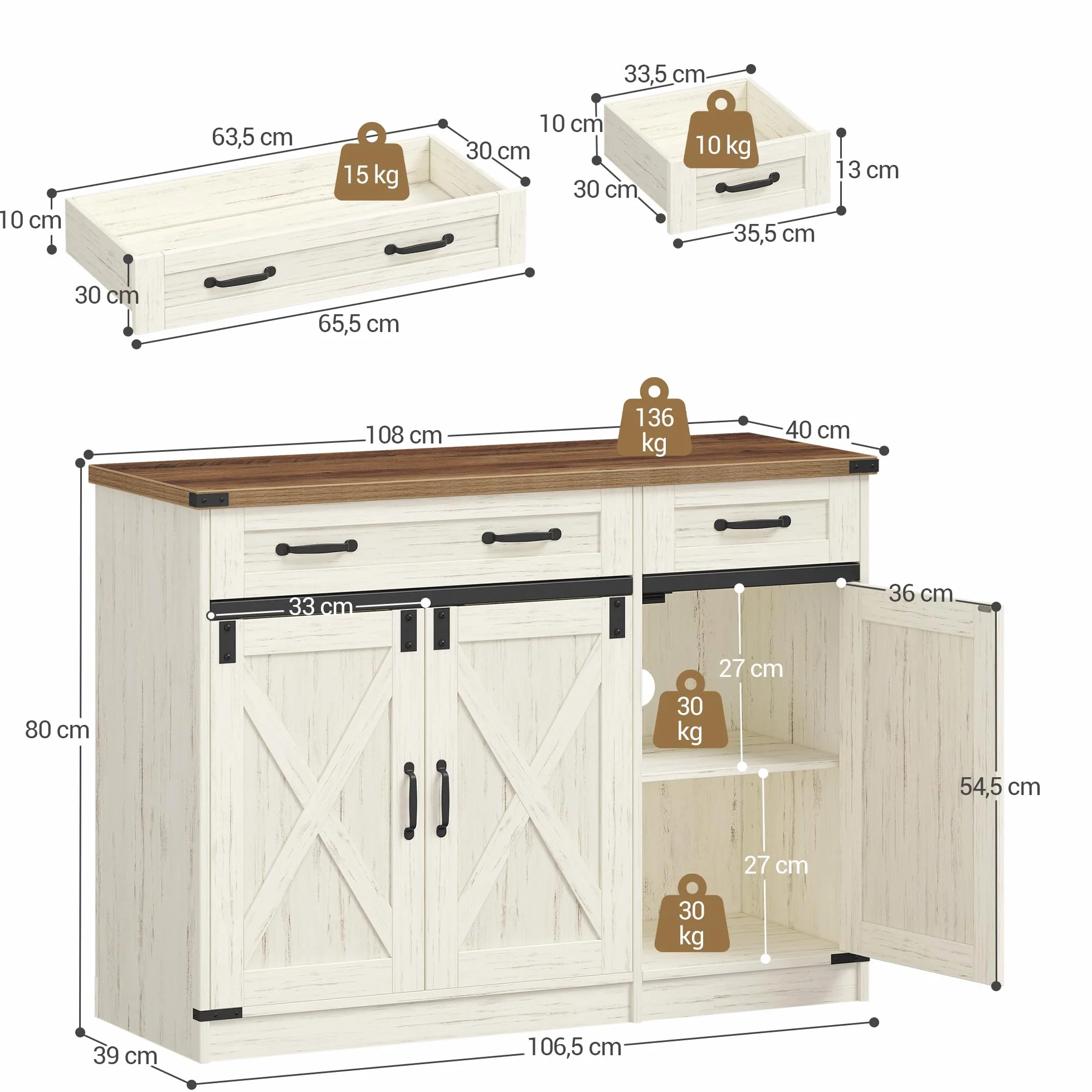 Armario de Cocina con 2 Cajones 3 Puertas Estantes Ajustables 40x108x80 cm Blanco Rústico y Marrón Miel