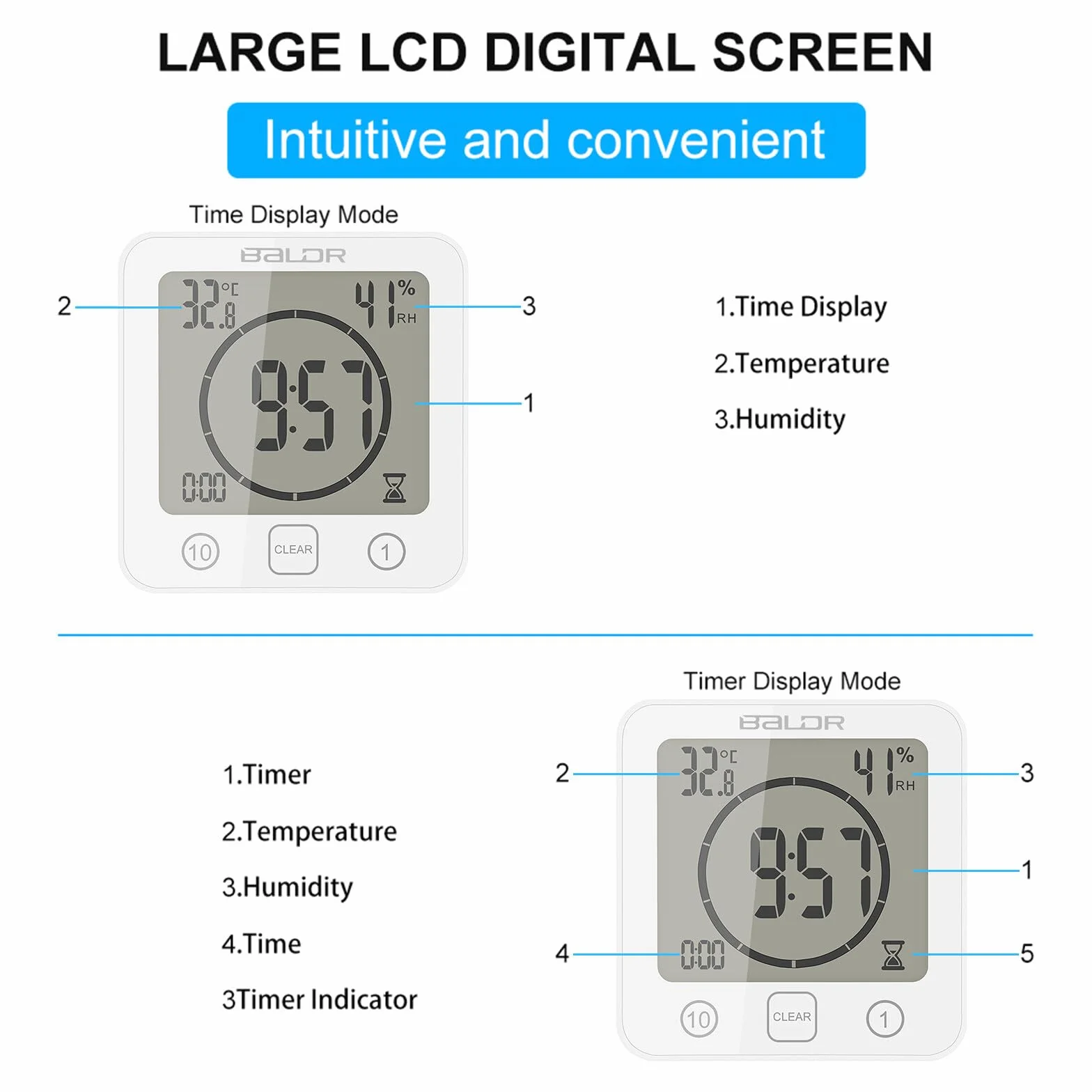 Digital Reloj de Baño de Pared con Alarma, Pantalla LCD Grande, Temperatura y Humedad, Temporizador de Ducha