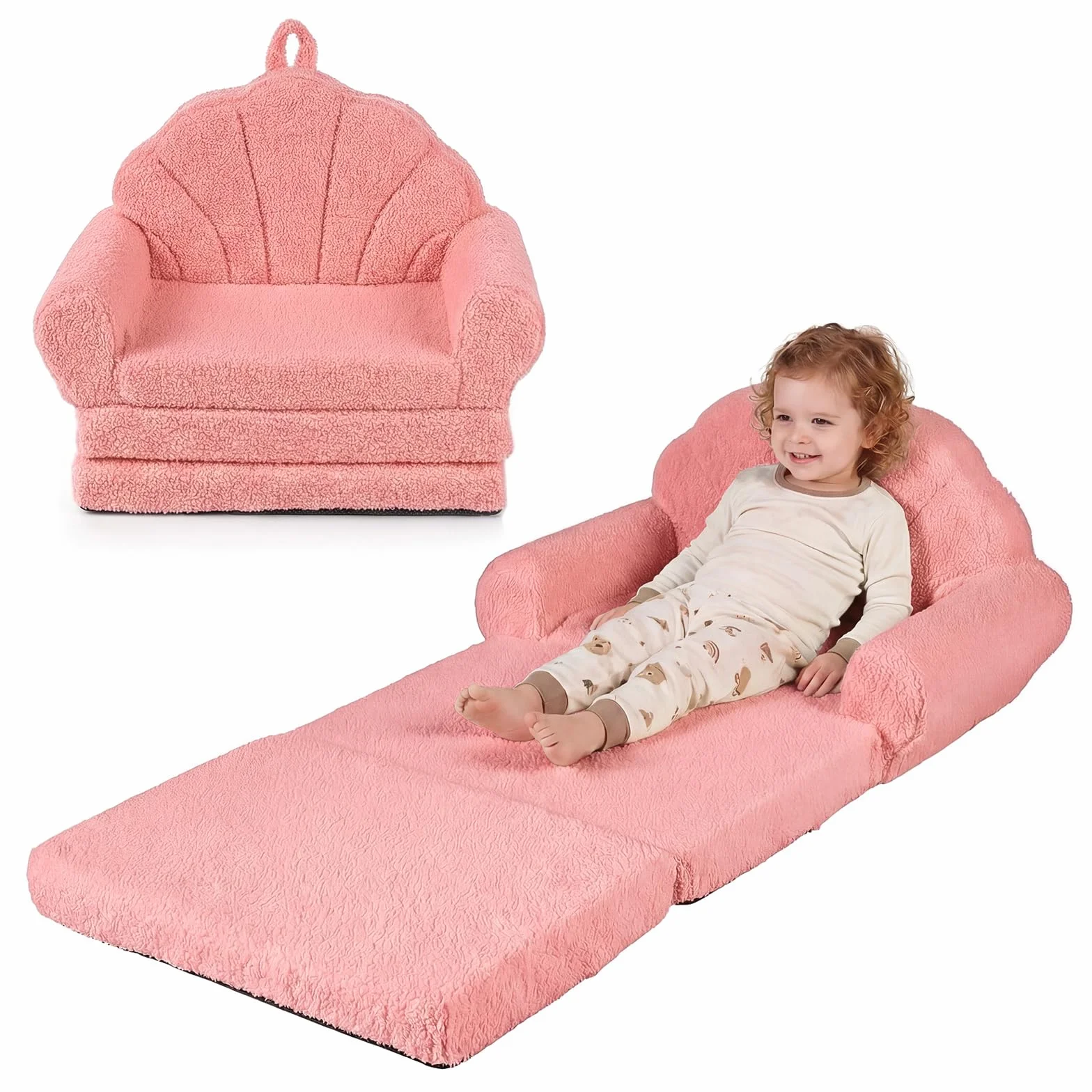 GOPLUS Sofá Plegable para Niños, Sofá Cama 2 en 1 con Funda de Forro Polar Lavable, Respaldo en Forma de Concha y Reposabrazos, Sillón Infantil de Espuma para Niños de 3+ Años (Rosa)
