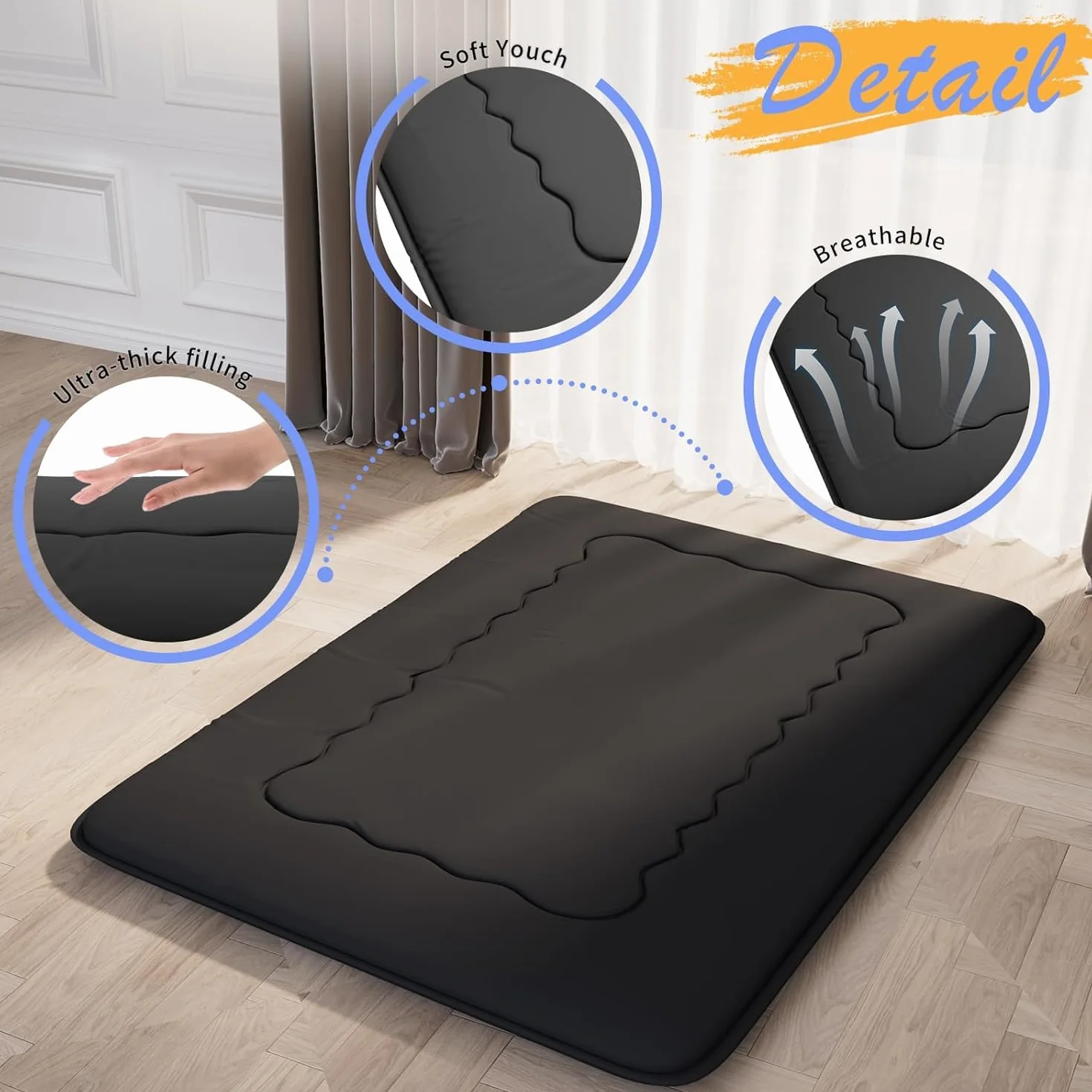 Kiseely Colchón de futón japonés, tapete de tatami plegable portátil con bolsa y correa, colchón enrollable para dormir grueso en el suelo (negro VB1, 90 x 200 cm)