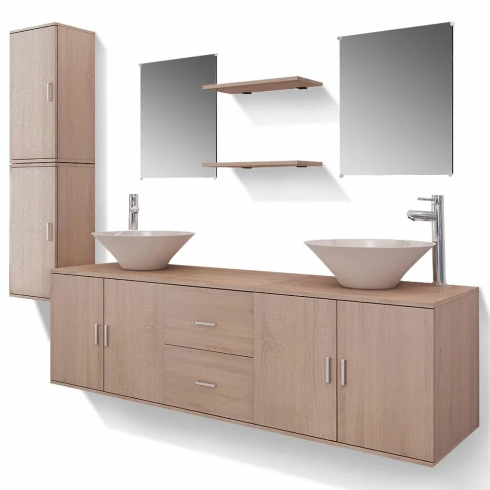 vidaXL Set Muebles Baño Lavabo Grifo Incluido Pack 11 Piezas Beige
