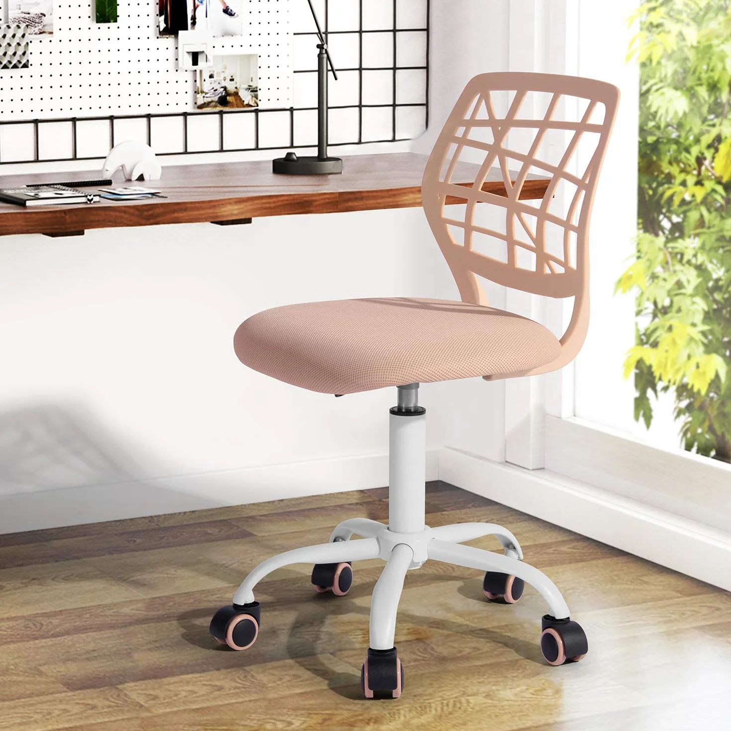 FurnitureR Silla de Oficina para el hogar, Asiento de Ordenador Moderno y Ajustable, Silla de Oficina sin apoyabrazos Giratorio, Silla de Oficina para jóvenes, Sala de Estudio, Rosa