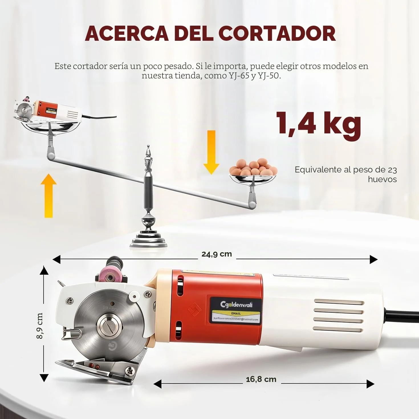 CGOLDENWALL YJ-65 Cortador de Tela Eléctrico con 22mm de Espesor Máx. de Corte, Tamaño de la Cuchilla 65mm, con Función de Afilado Automático, Ideal para Cortar Textil/Cuero/Alfombra