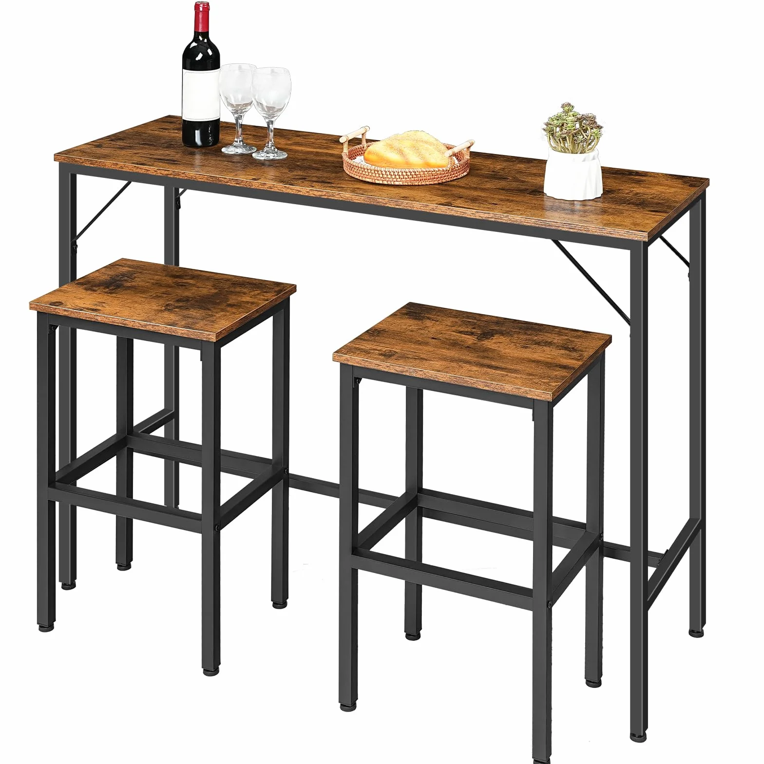 HOOBRO Juego de Mesa y 2 Taburetes de Bar, Estilo Industrial, 120 x 40 x 91 cm, Negro y Marrón Rústico