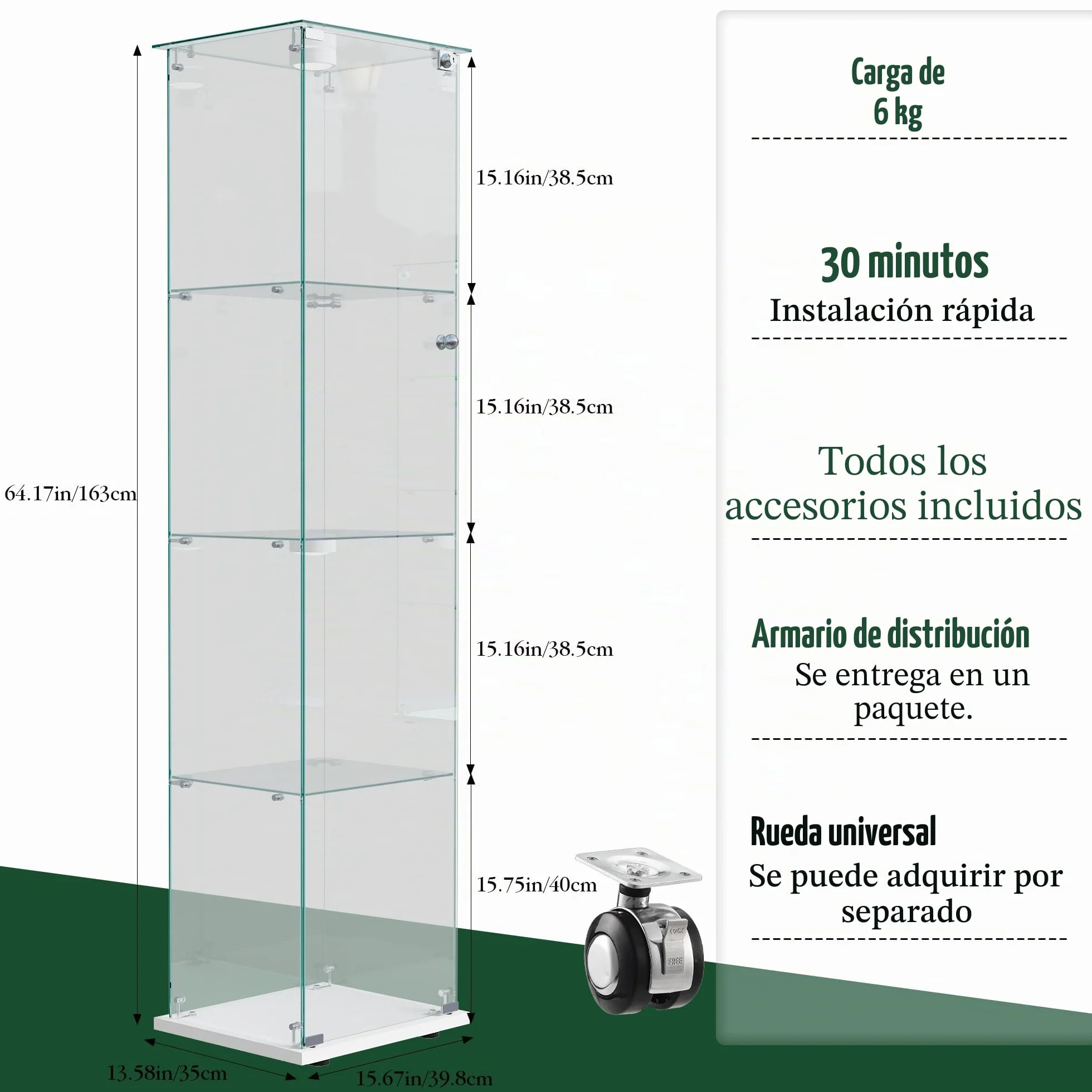 Vitrina de Cristal de 163 x 40 x 35 cm con 4 estantes 1 Puertas, Vitrina de pie con LED, Armario de colección Moderno para salón, Dormitorio, Oficina, Blanco y Puerta Individual + Luces de Pat