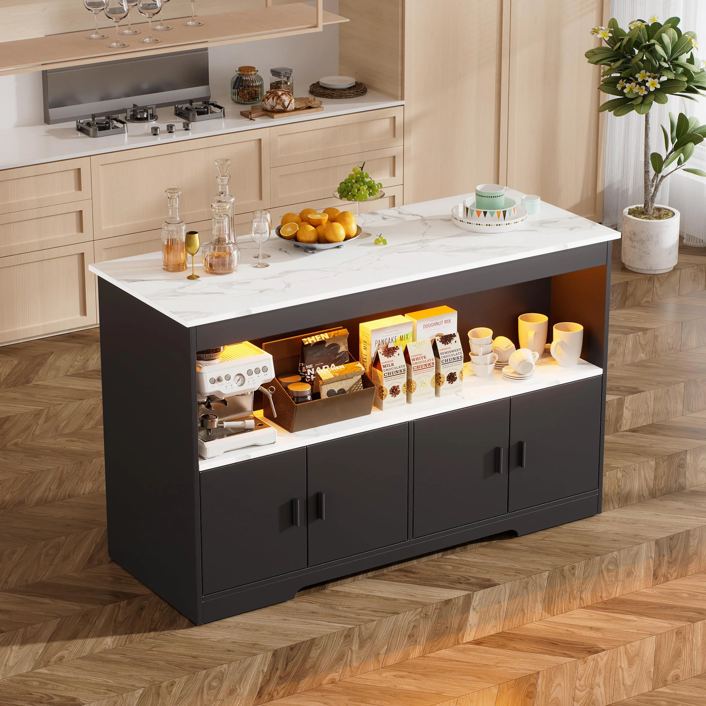 Isla de Cocina con iluminación LED Ilot Central Cocina con Espacio de Almacenamiento Mueble de cocinan con Encimera Moderno Mesa de mármol para el Hogar Cocin-a 50 * 110 * 78.2CM Negro y Blanco