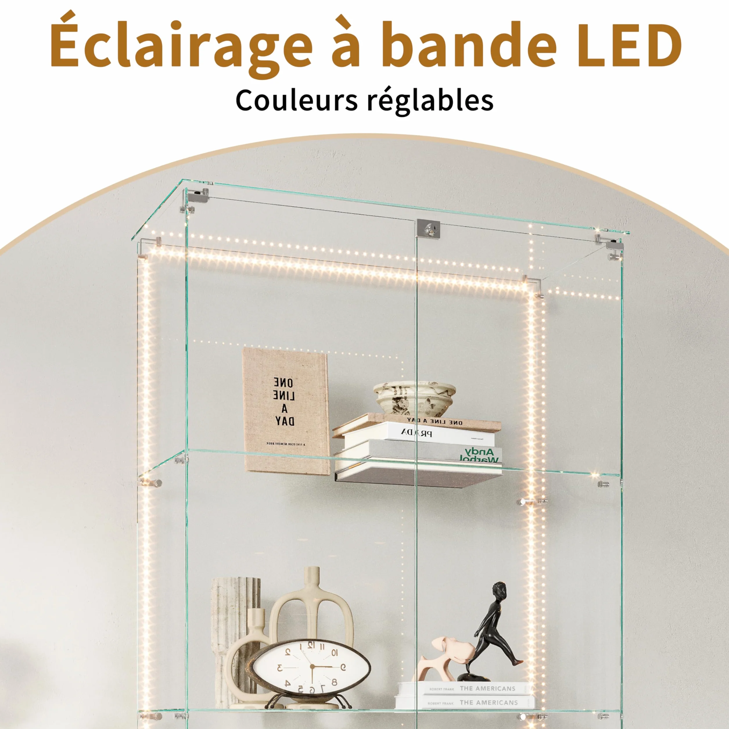 Vitrina de vidrio con 5 estantes, 2 puertas de exhibición con base de vidrio con LED y cerradura, gabinete moderno para colección de vasos, vitrina de exposición vertical para el salón (blanco-6B