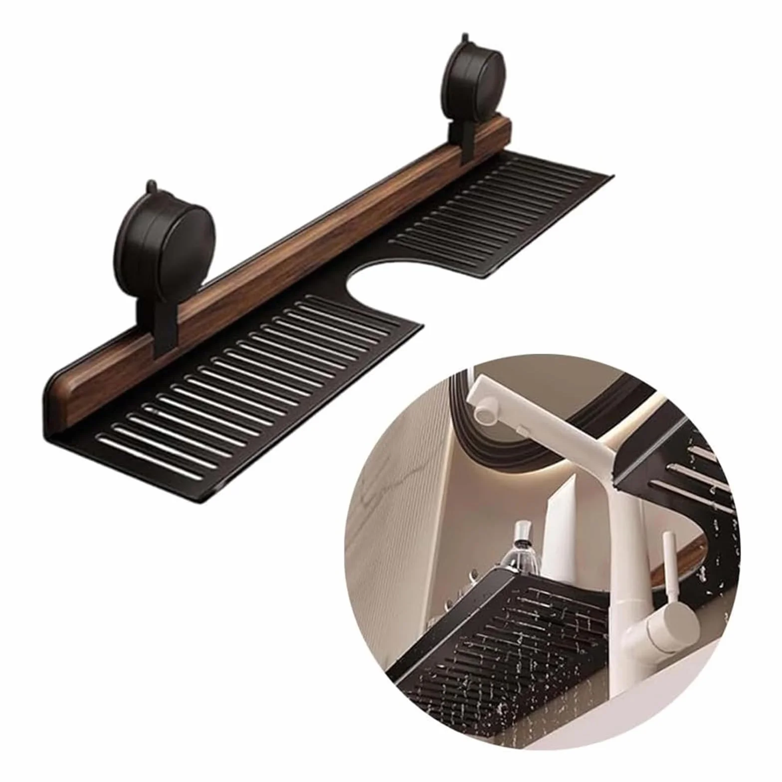 Estante de baño con ventosa, organizador montado en la pared, aleación de aluminio, sin taladrar, con tiras de nogal para baño, caravana, cocina, dormitorio