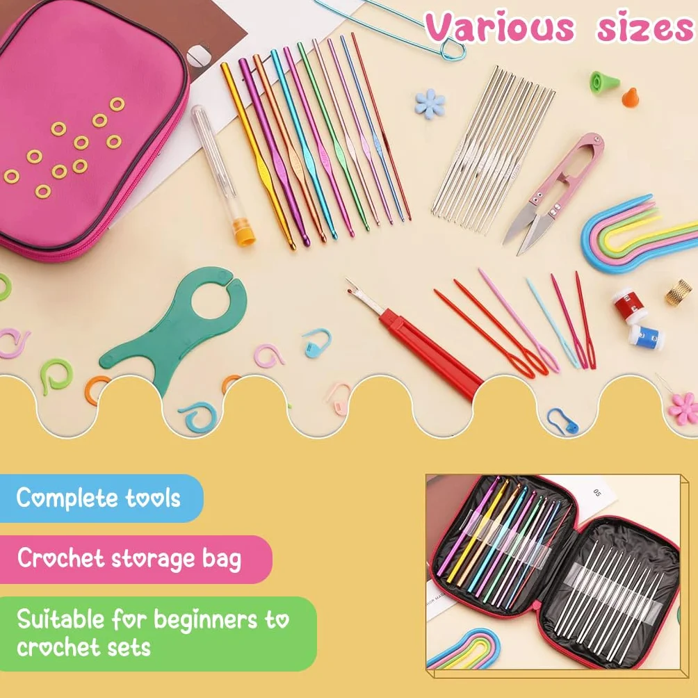 Samyuktha Juego de 109 ganchos de ganchillo, juego de ganchos de ganchillo con funda, ganchos ergonómicos de colores y accesorios de aguja de ganchillo, kit de agujas de ganchillo para principiantes y