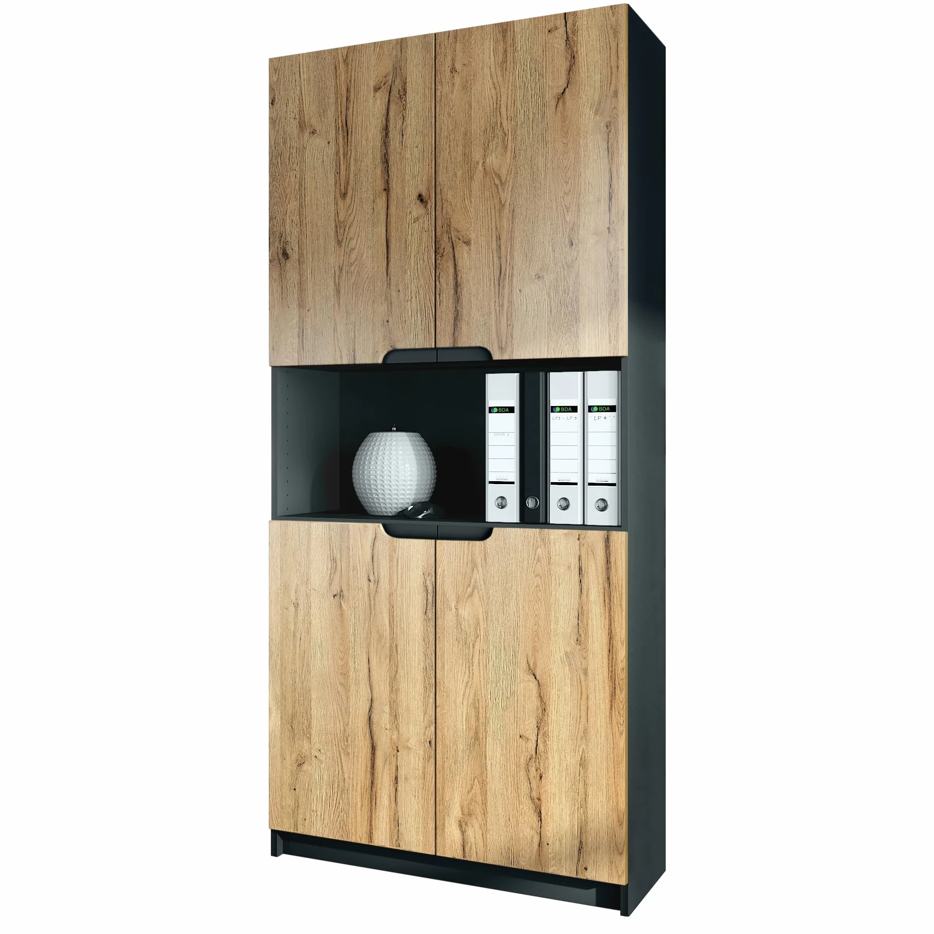 Vladon Armario Oficina Logan V2, Mueble Archivador con 5 Compartimentos y 4 Puertas, Negro Mate/Roble Natural (82 x 184 x 37 cm)