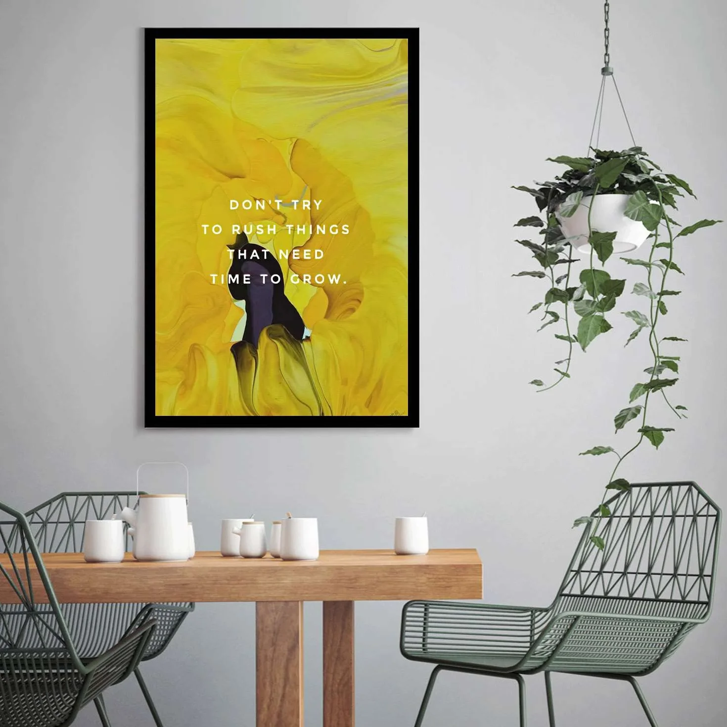 Póster con cita inspiradora para sala de estar con texto en inglés "Be patient Inspirational Don't try to rush things that need time to grow" para habitación estética, 20 x 30 cm, marco de metal negro