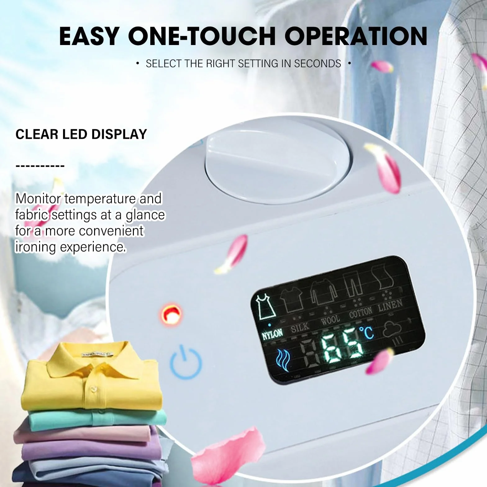 Acabado de vapor para camisas, pantalones y uniformes con pantalla LED, potencia de 1200 W, 5 preajustes de tela, gran superficie para hoteles y hogares
